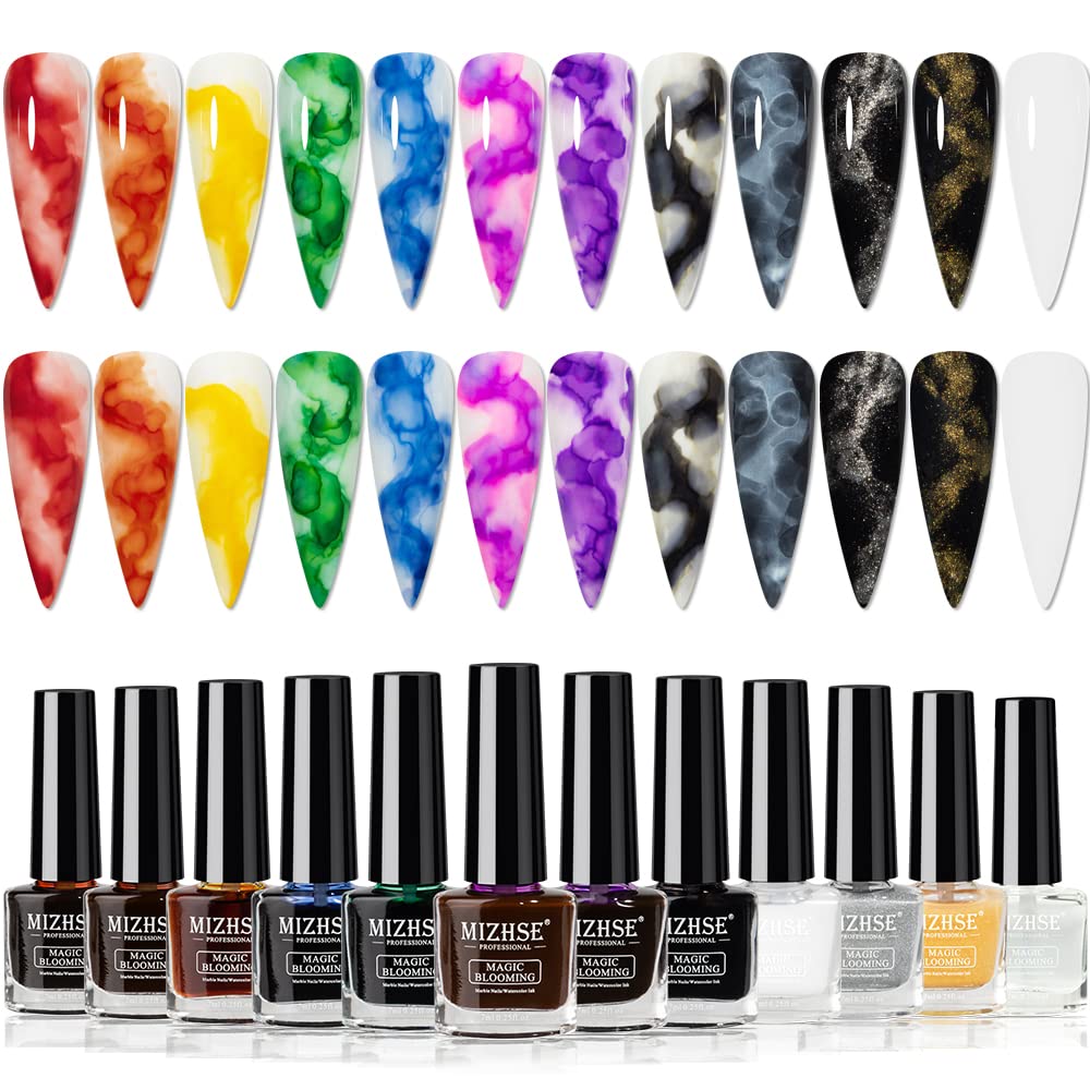Mizhse 12Pcs Marble Nail Polish, Blooming Gel Marble Ink For Nails Gold Blue Purple Nail Ink Watercolor Magic Blossom Gel Nail P