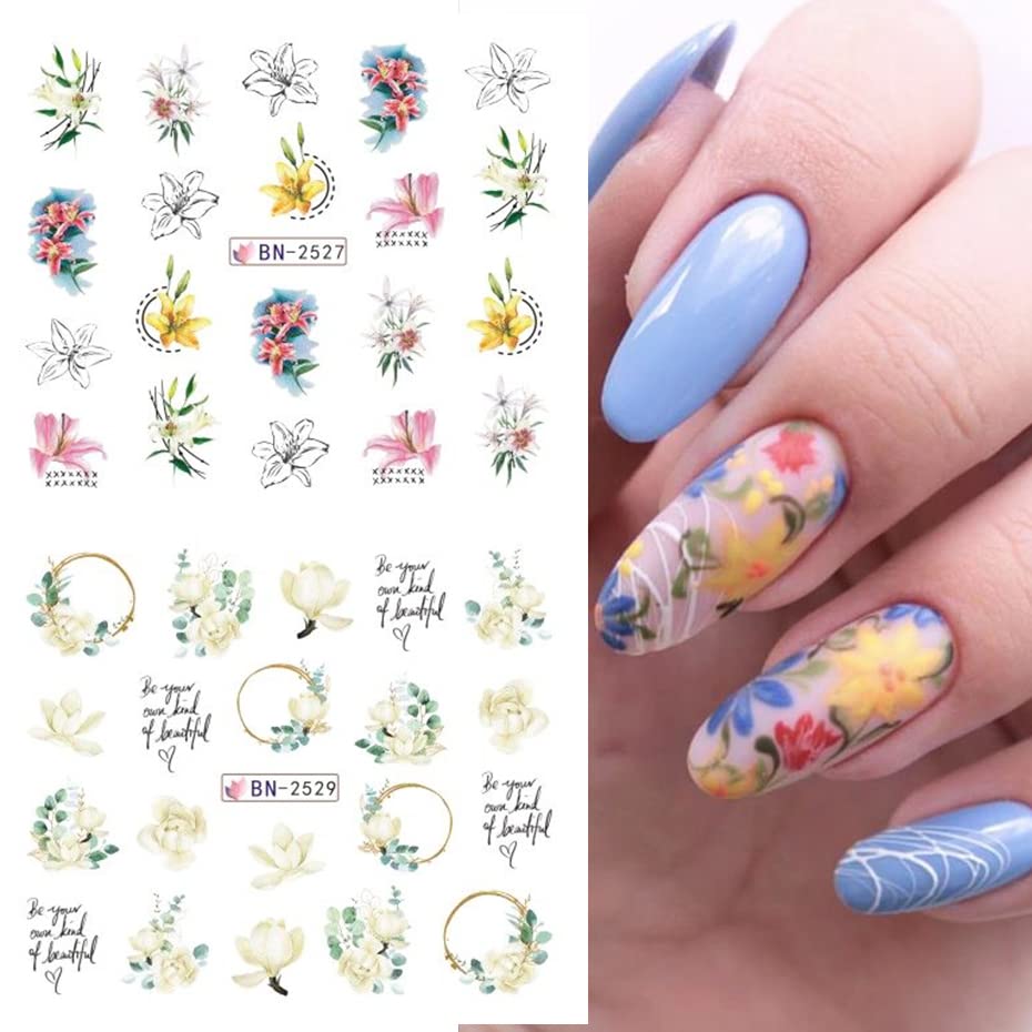 Flower Nail Art Stickers Decals Water Transfer Foils For Nails Art Supplies Spring Summer Tulips Floral Butterfly Leaf Design Ac