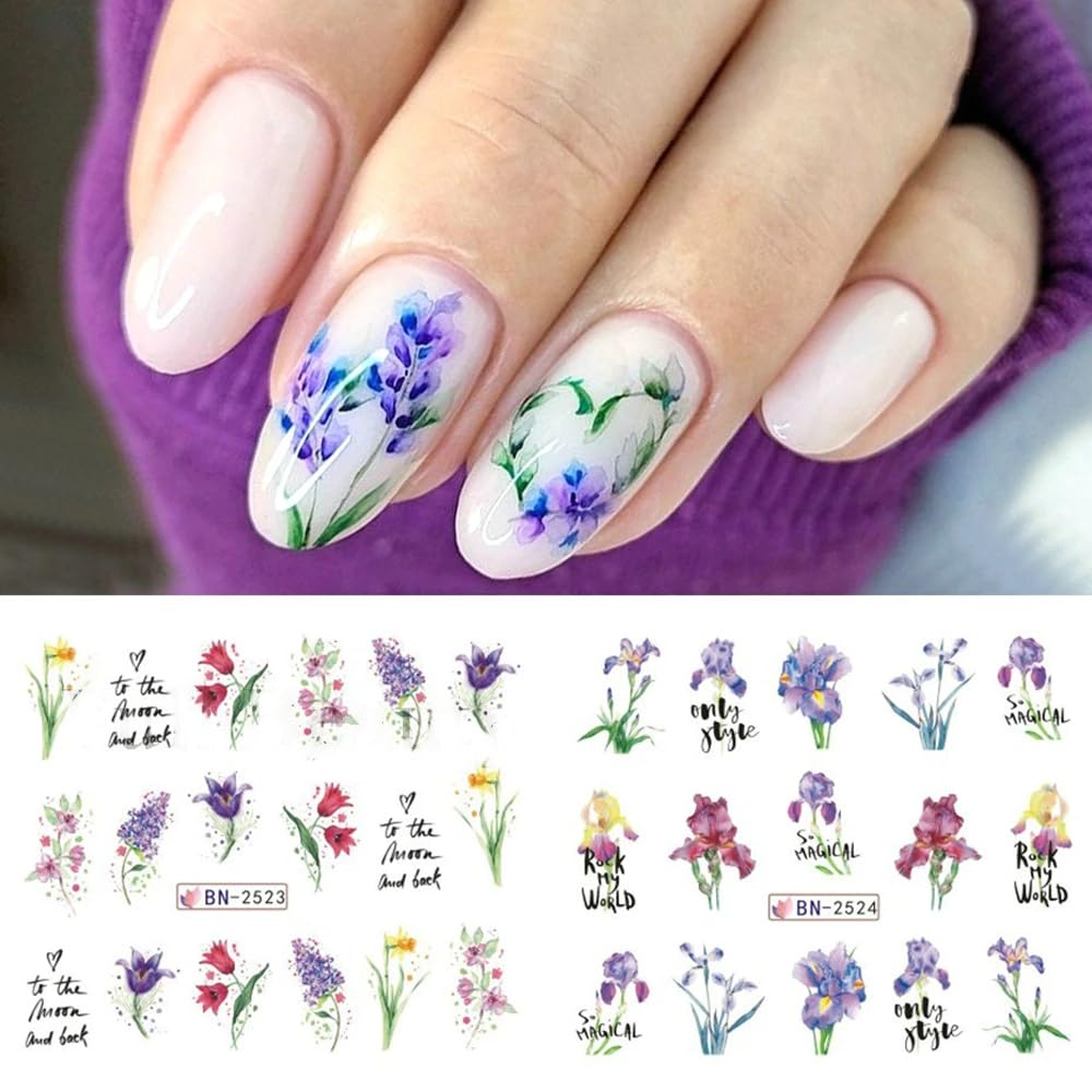 Flower Nail Art Stickers, Flower Nail Decals Water Transfer Nail Art Supplies Summer Lily Orchid Butterfly Small Floral Flowers