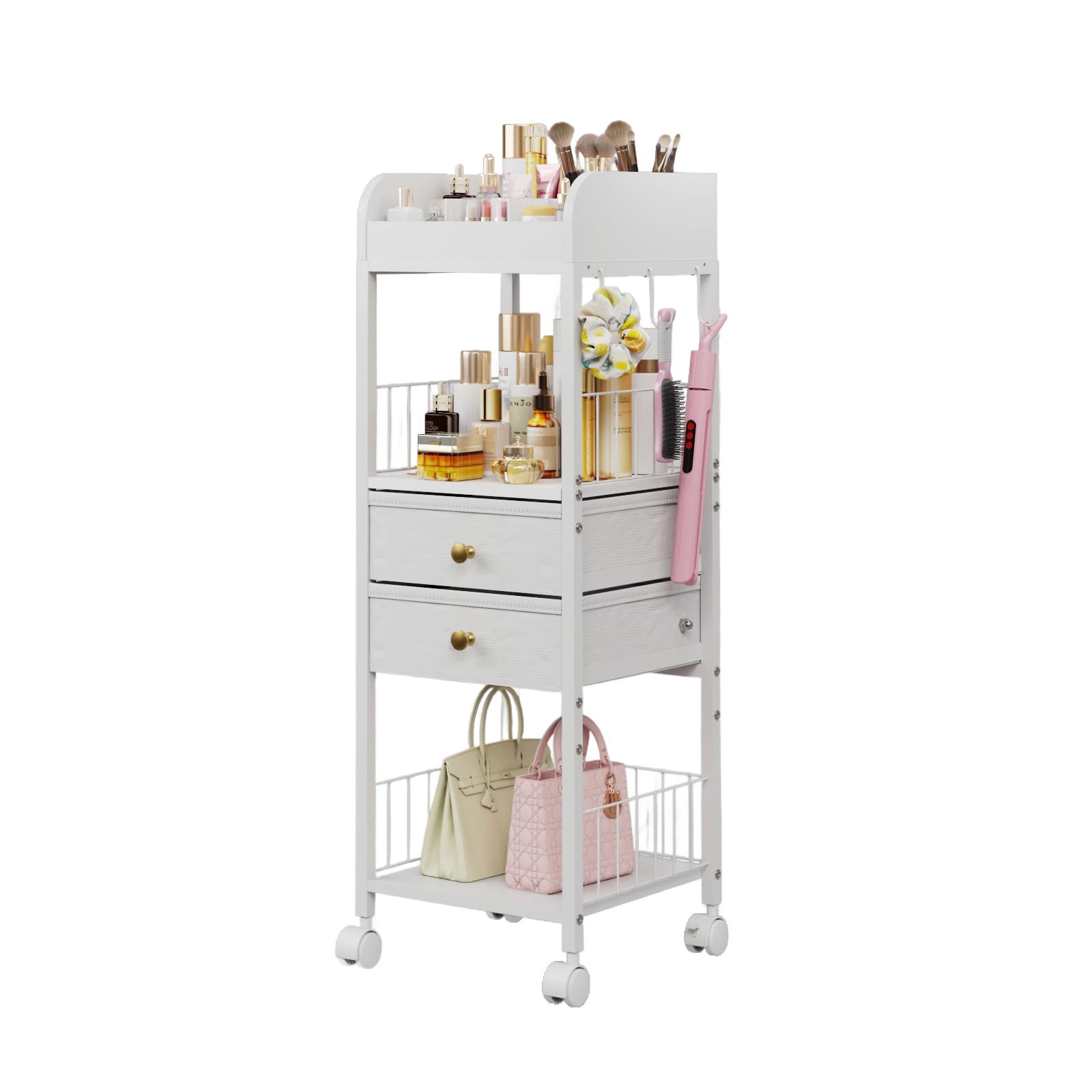 DongRong Floor Makeup Organizer with Lockable Wheels & 8 Dividers, 2-Drawer Rolling Skincare Cart for Cosmetics/Perfume/Nail Pol