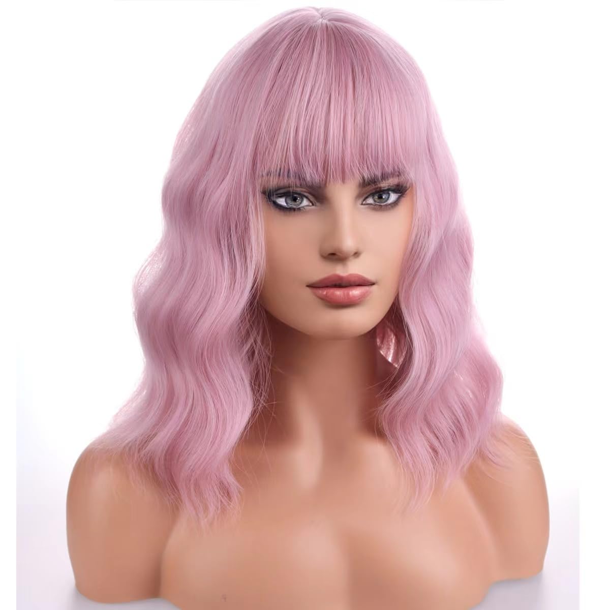 Pattnium Pink Wig For Women Short Curly Wavy Bob Wig Pink Wig With Bangs Shoulder Length Wig 12'' Heat Resistant Synthetic Wig (