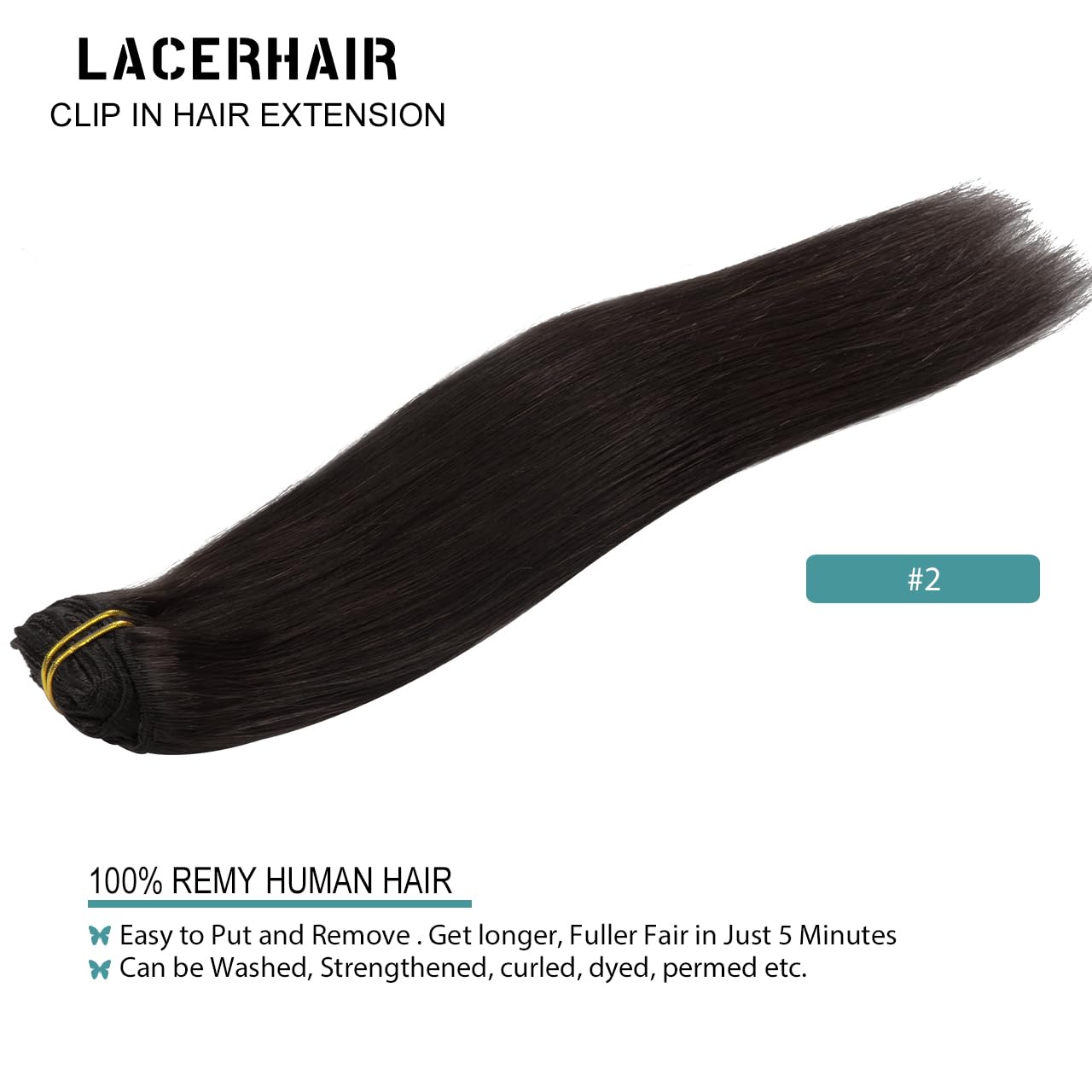 Lacer Hair Extensions Clip In Human Hair 22 Inch Darkest Brown #2 Double Weft 7Pieces 140G Silky Straight Natural Hair Lace Clip
