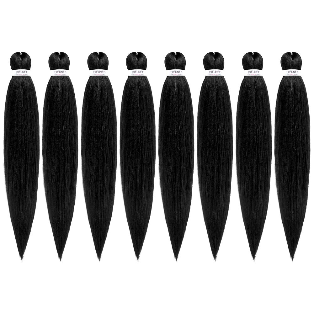 Difunee Pre-Stretched Braiding Hair - 20 Inch 8 Packs Jet Black Long Braiding Hair For Twist Or Box Braids, Yaki Texture Hot Wat