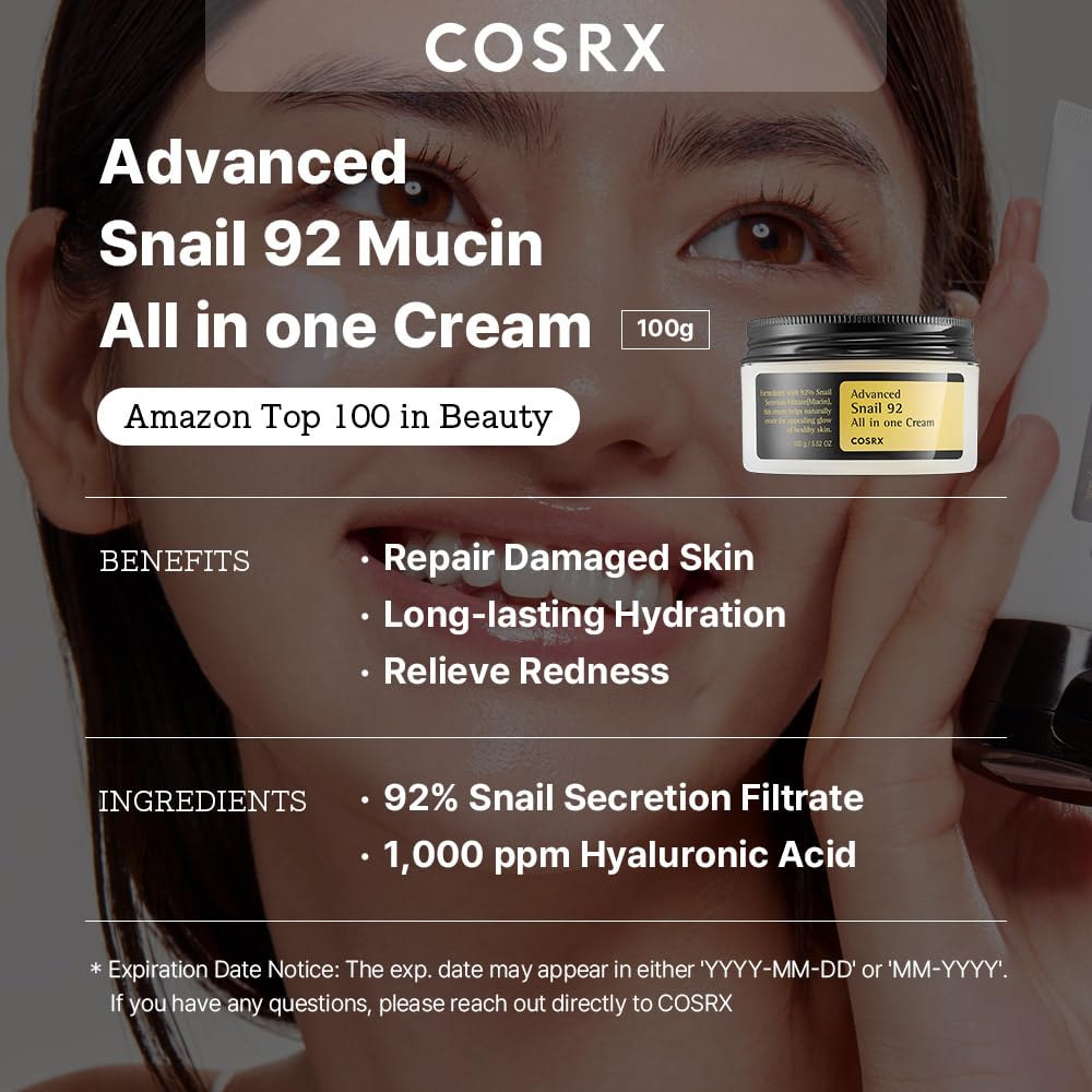 COSRX Snail Mucin 92% Face Moisturizer, 3.52 Oz, Lightweight Moisturing Cream for Soft, Glowy Skin, Korean Skin Care, Korean Moi