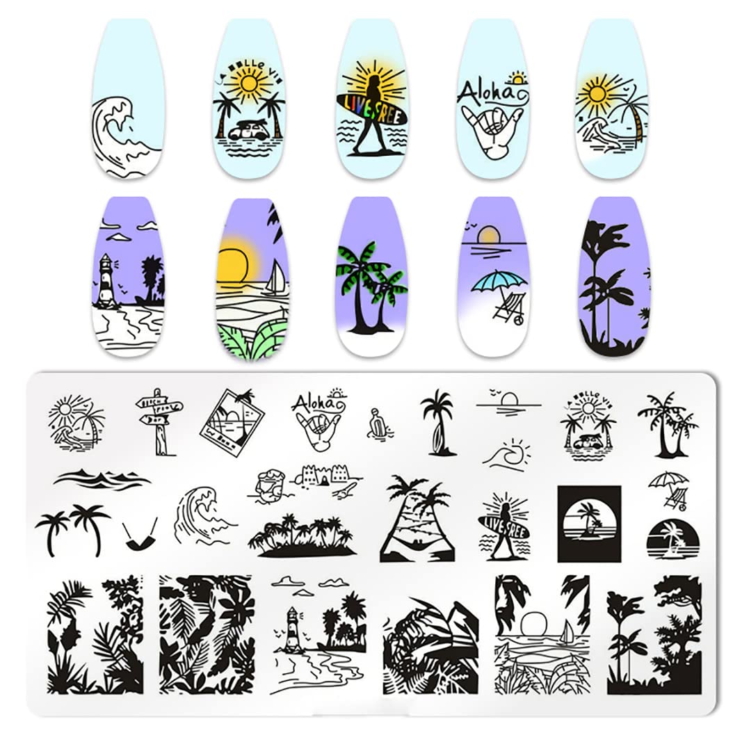 XEAOHESY 6pcs Seaside Scenery Nail Stamping Plate Nail Stamping Kit for Nails Summer Beach Coconut Trees Sunset Waves Sea Animal