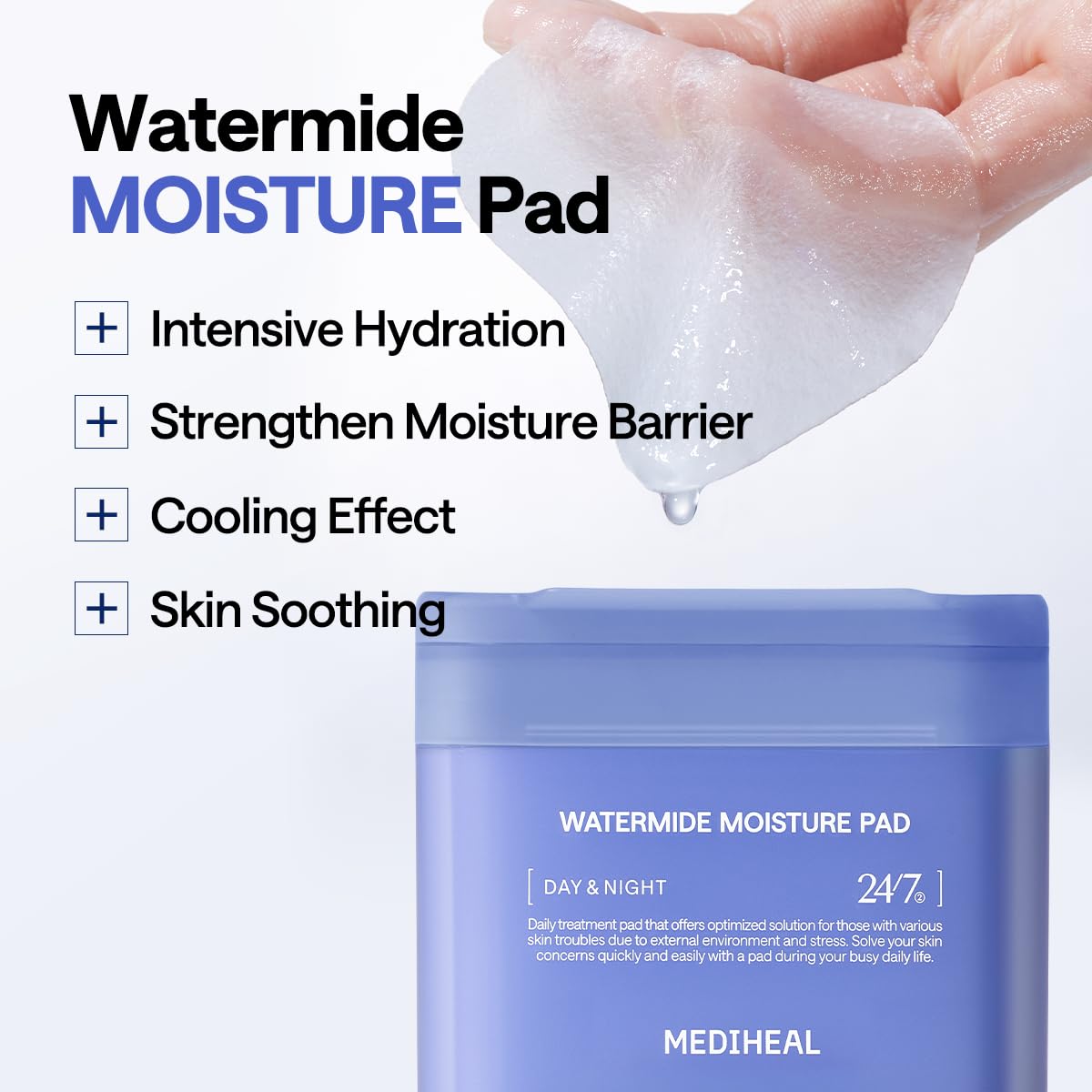MEDIHEAL Watermide Moisture Pad - Square Cotton Facial Toner Pads with Icelandic Glacial Water - Improve Skin Temperature, Hydra