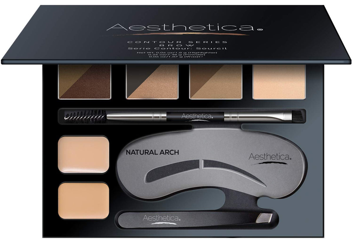 Aesthetica Brow Contour Kit 16-Piece Eyebrow Makeup Palette Set 6 Eyebrow Powders, 5 Eyebrow Stencils, Spooliebrush Duo, Tweezer