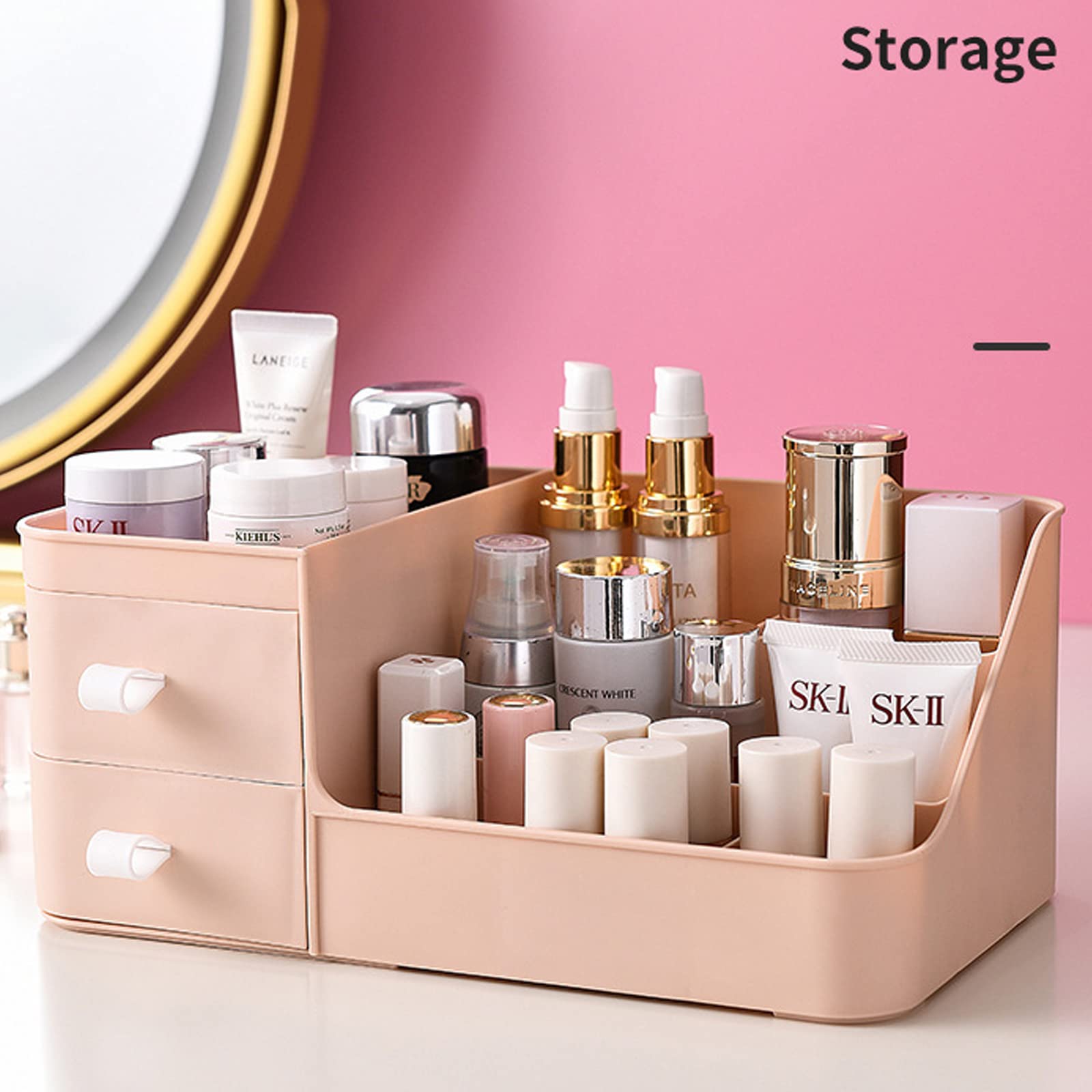 POFUOT Skin Care Organizer - Makeup Vanity Countertop Organizer with Drawers, Brush Holder for Lipstick, Eyeshadow, Desktop (Pol