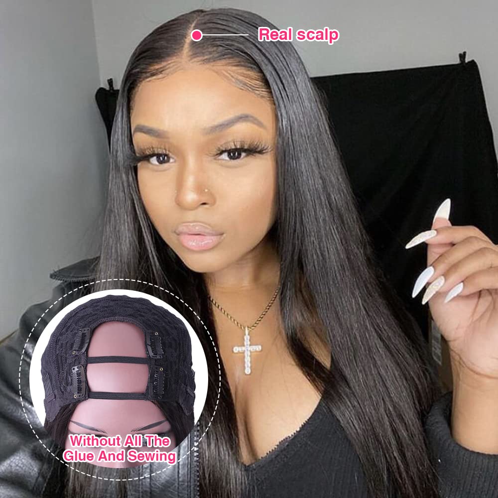 Sooolavely U Part Human Hair Wigs For Black Women Straight Beginner Friendly Unprocessed Brazilian Virgin Human Hair Wig (180% D