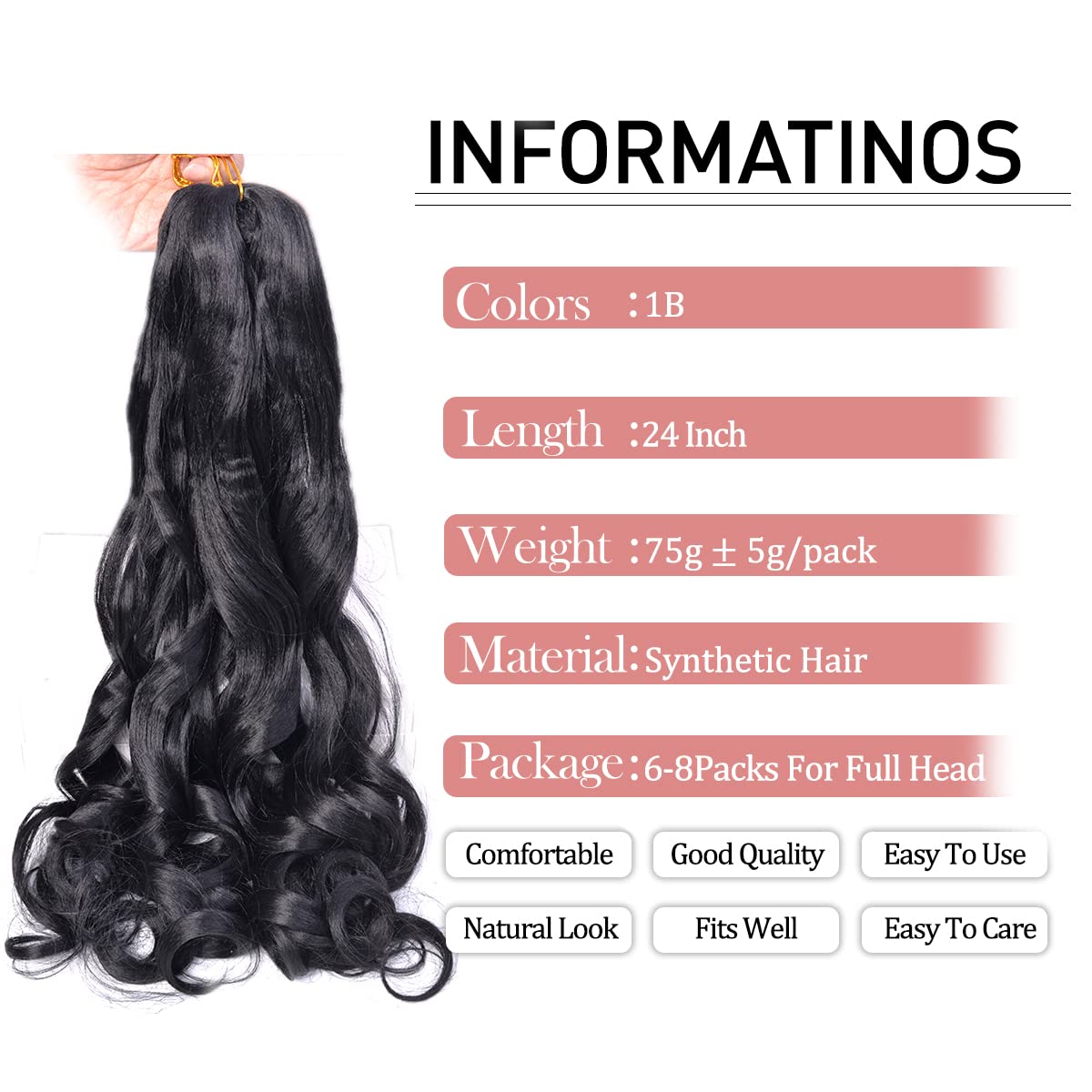 Luoyudu French Curly Braiding Hair 24Inch Loose Wavy 8 Packs #1B Black Bouncy Braiding Hair Extensions 75G/Pack Synthetic French