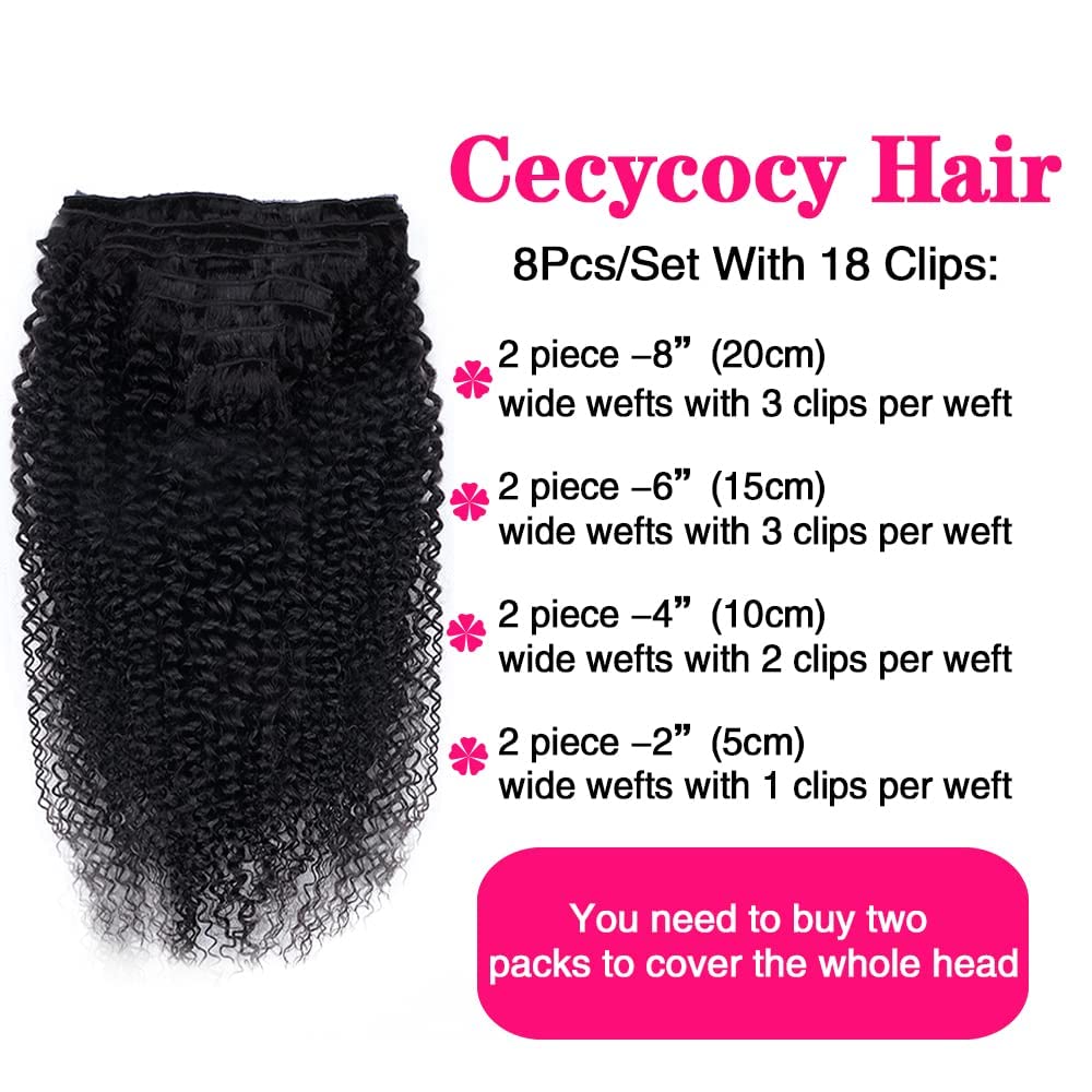 Cecycocy Clip In Extension 3C 4A Kinky Curly Full Head For Black Women Brazilian Remy Human Hair Natural Color 8Pcs With18Clips