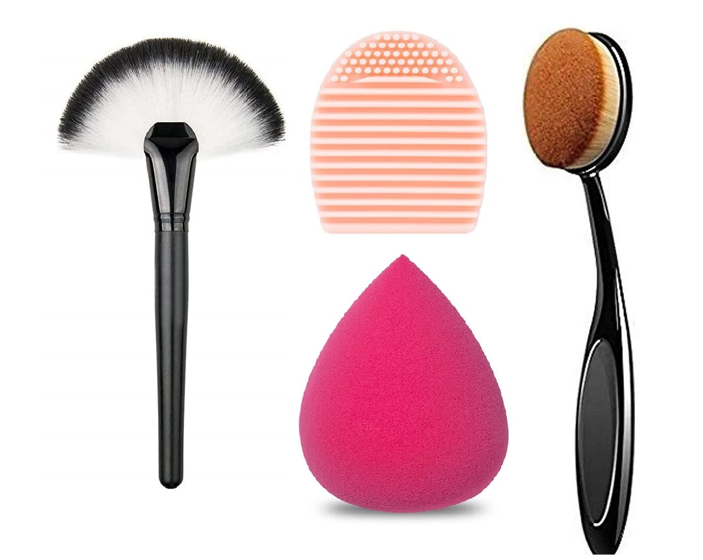 Komoko Pro Slim Fan Brush Makeup Brush, Oval Foundation Brushes With Makeup Brush Cleaner Scrubber And Beauty Blunder