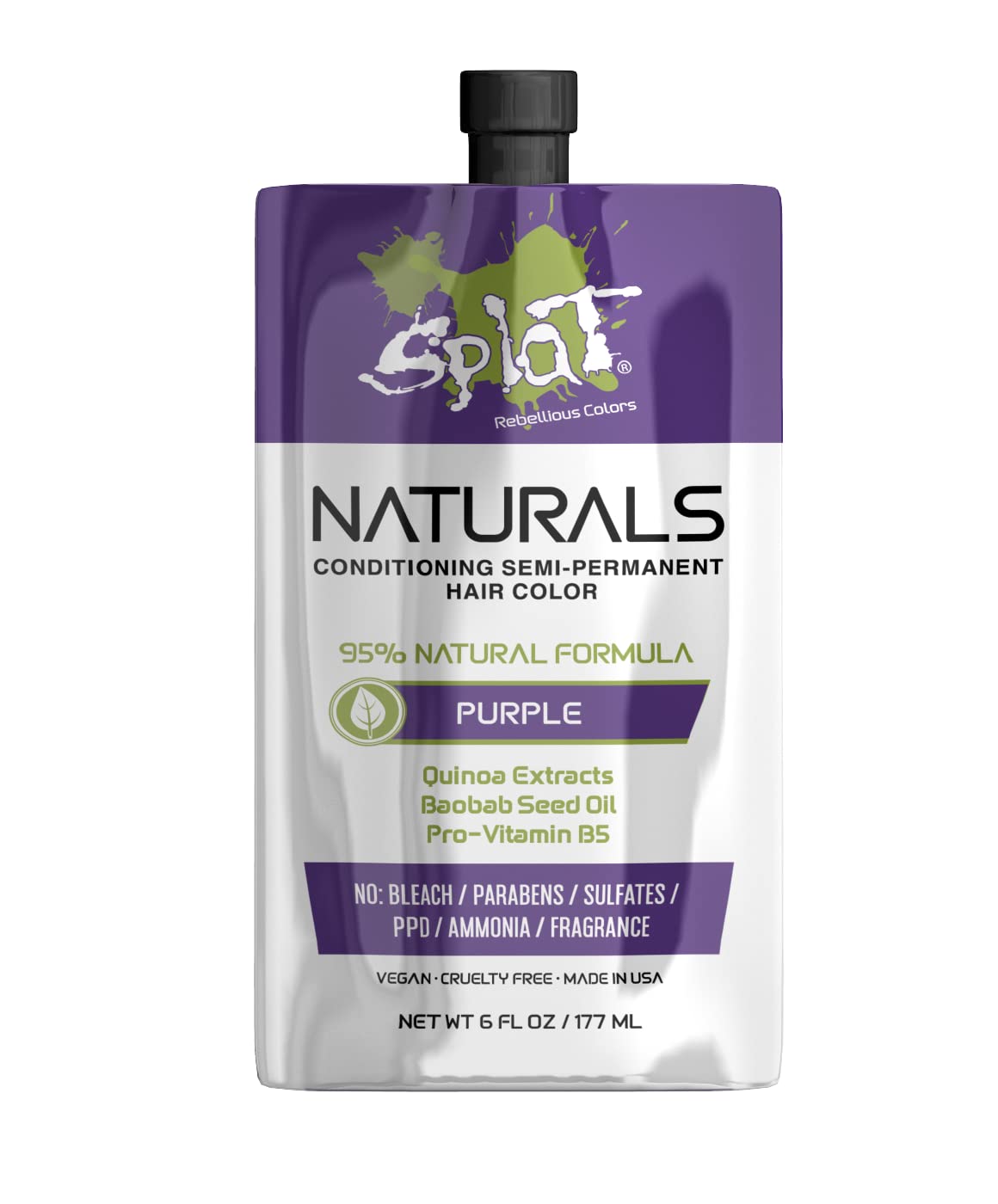 Splat Naturals Purple 6 fl. oz., Semi-Permanent Hair Color, 95% Natural Hair Dye Formula, Vegan & Cruelty-Free, Lasts Up to 30 W