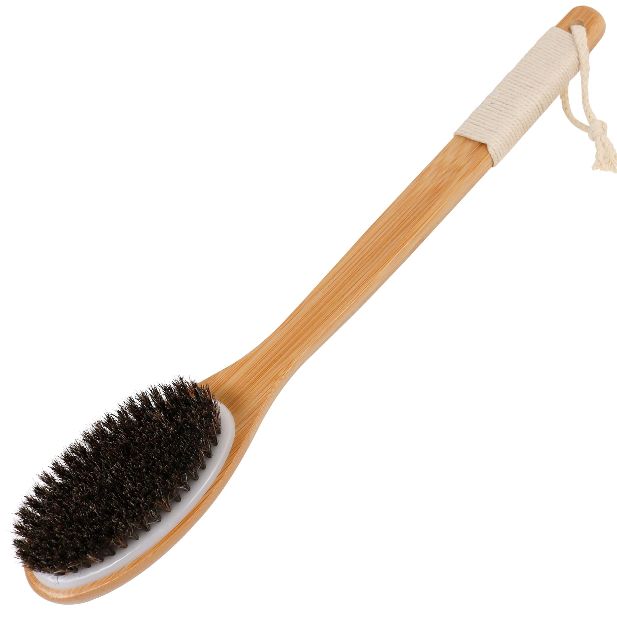 Owiizi Horsehair Bath Brush Bamboo Curved Long Handle Antiskid Body Brush For Exfoliating, Natural Mane Shower Scrubber For Back