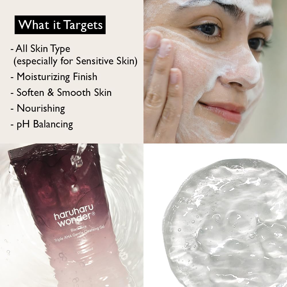 HARUHARU Wonder Black Rice Triple AHA Gentle Cleansing Gel 3.38 fl oz, Hydrating Cleansing gel, Gentle exfoliating, Vegan, Trave