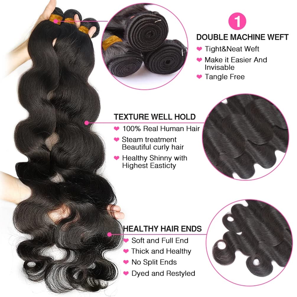 Body Wave Bundles with Lace Frontal (16 18 20 22+14,Natural Black) Human Hair 4 Bundles with 13x4 Free Part Ear to Ear Lace Clos