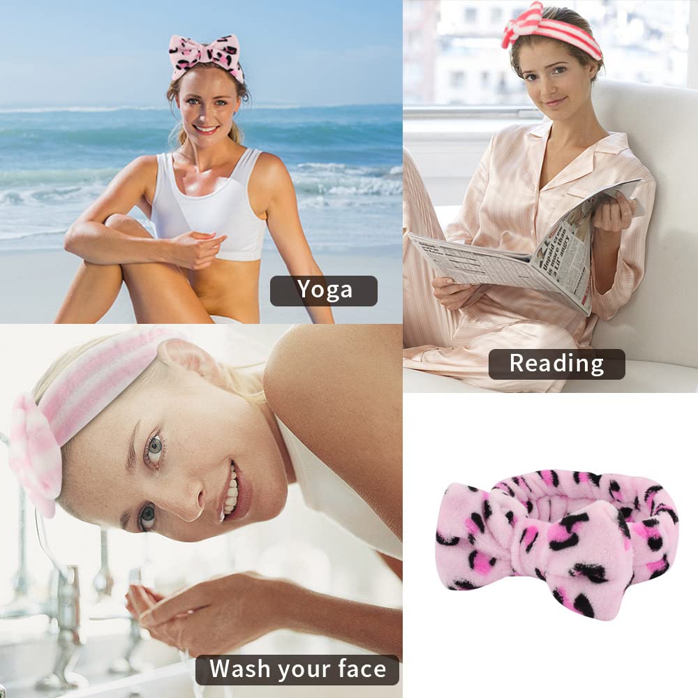 WHAVEL 6 Pack Pink Spa Headbands, Makeup Headbands Skincare Headbands Microfiber Bow Headbands Leopard Stripe Polka Facial Headb