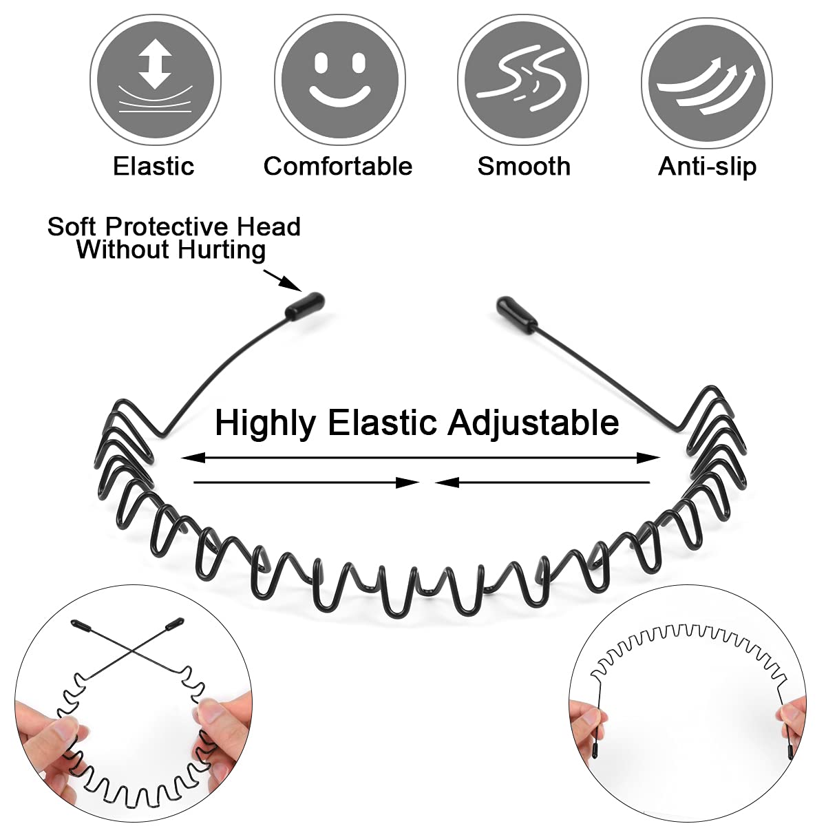 URAQT Metal Headbands, 6 Pcs Fashion Unisex Black Spring Wavy Headwear Hair Hoop for Men Women, Non-slip Sports Hairband Metal H