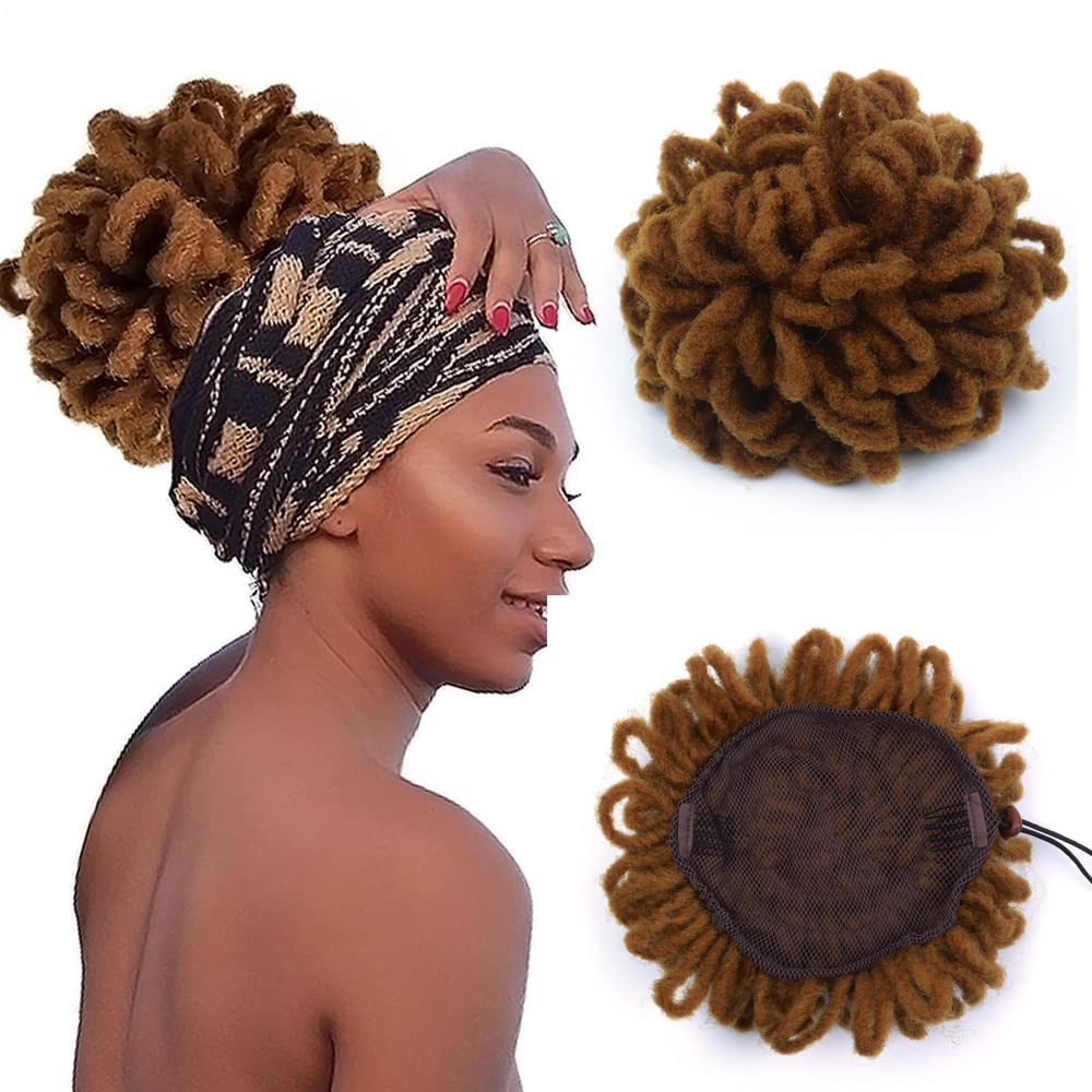 Yinmei Baibian Brown Dreadlocks Bun Afro Puff Drawstring Locs Ponytail Hair Braided Chignon Faux Loc Braids Buns Synthetic Clip 