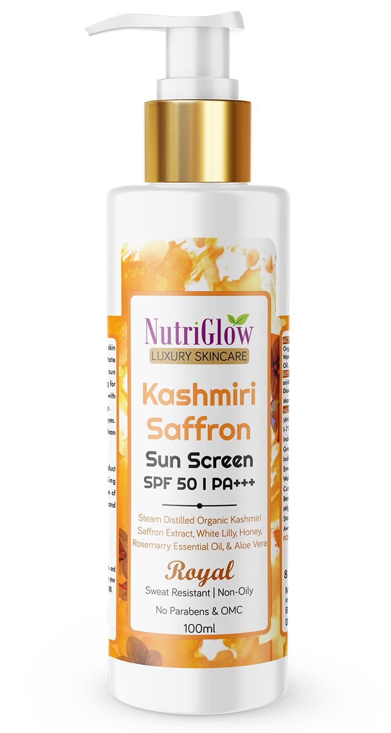 NutriGlow Kashmiri Saffron Sunscreen SPF50 PA+++ with Aloe Vera Extract, Sweat Resistant & NonSticky, UV A & UV B Blue Light Pr
