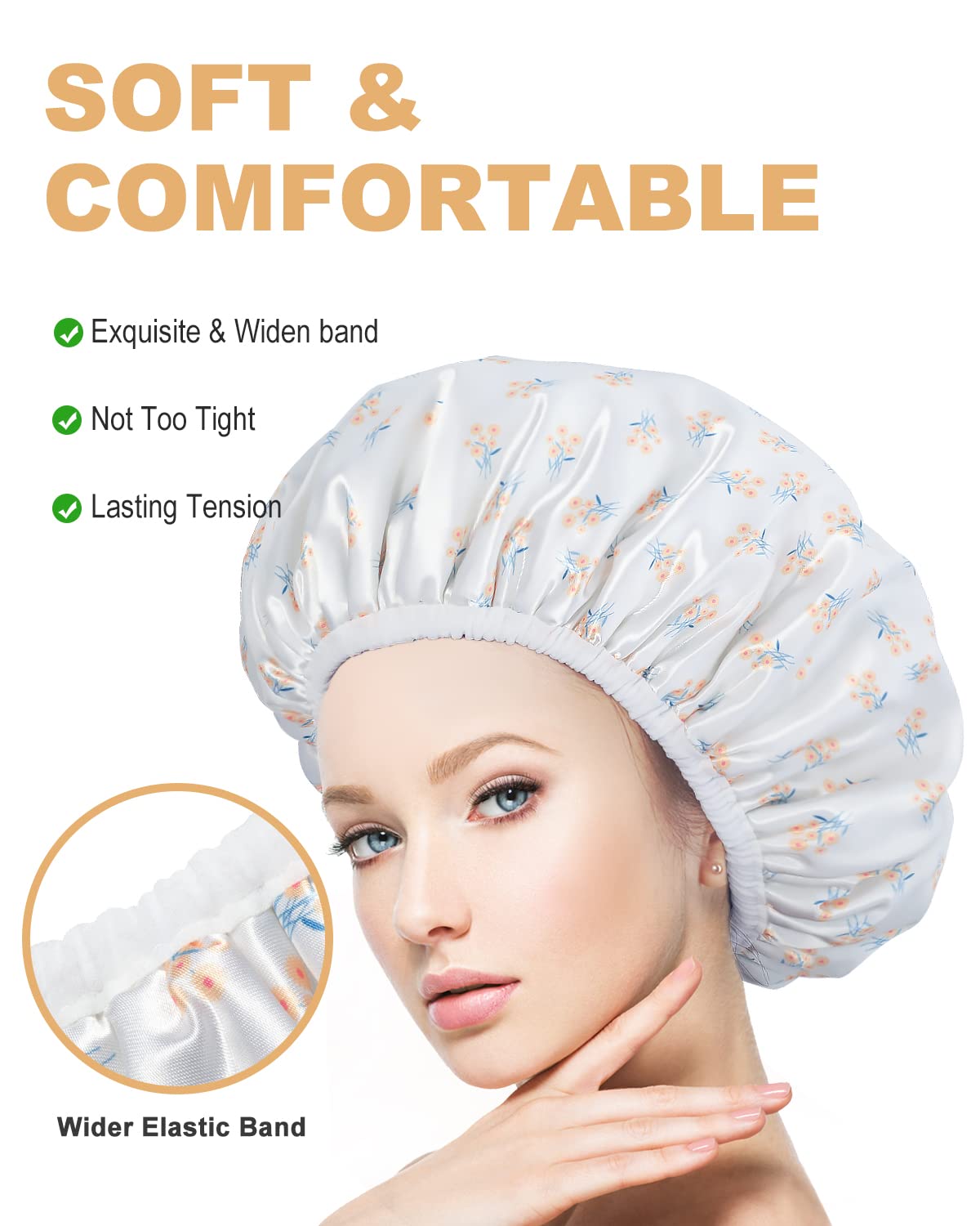 Gootty Shower Caps, Triple Layer Large Shower Cap For Women, Reusable Shower Caps For Long Thick Hair (Yellow Floral)