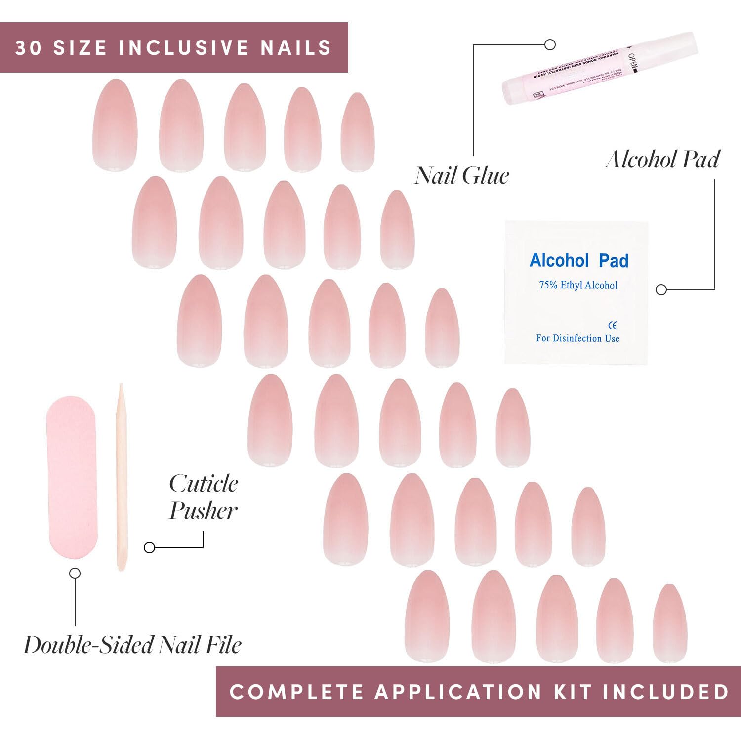 Glamnetic Press On Nails - Cloud 9 | Jelly Uv Finish Medium Pointed Almond Shape, Reusable Pink Nail Kit In 15 Sizes, Semi-Trans