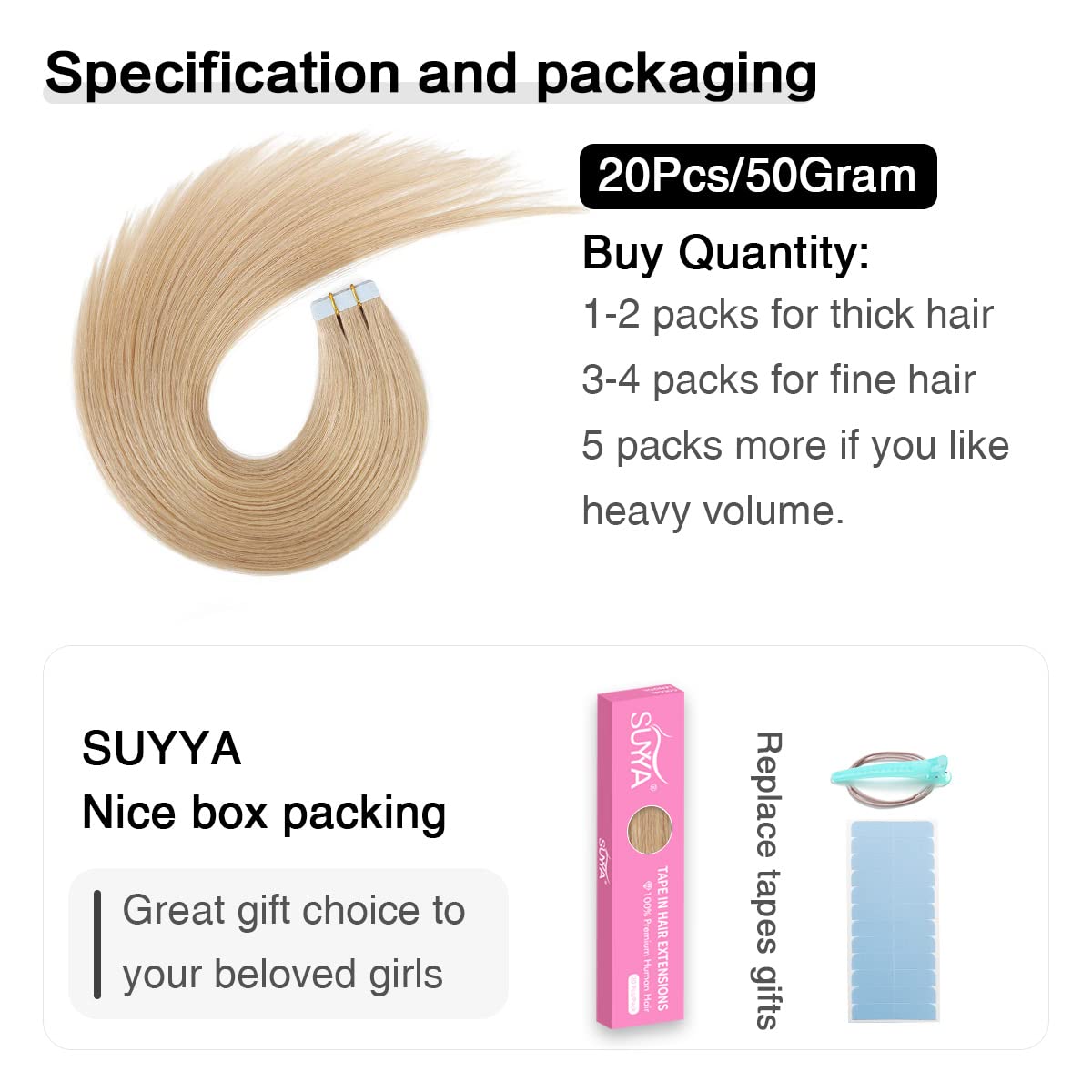 Suyya Tape In Hair Extensions Human Hair 50G/Pack 20Pcs Straight Seamless Skin Weft Tape In Real Human Hair Extensions(20Inch 16