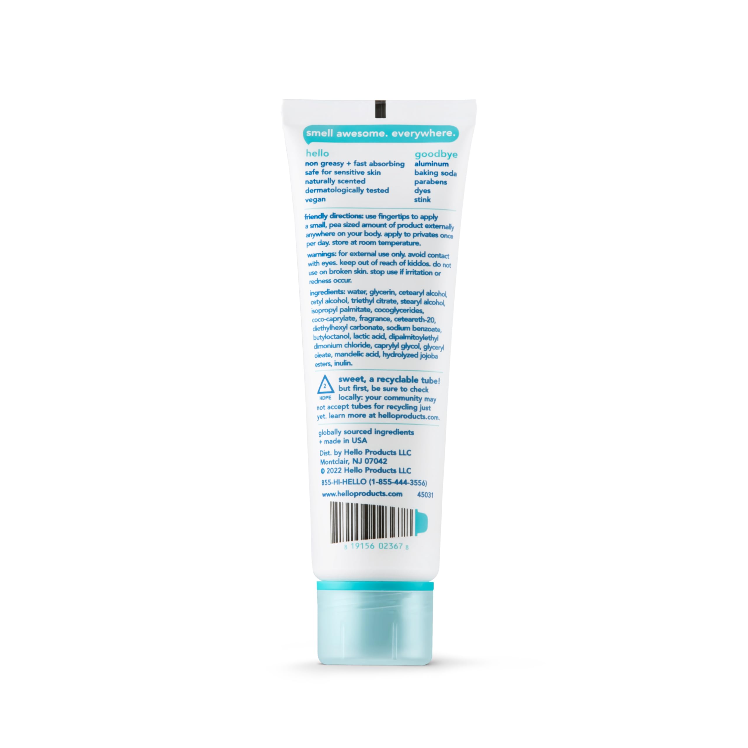 hello Clean & Fresh All Over Whole Body Deodorant Cream for Women and Men, Aluminum Free, Safe for Sensitive Skin, Pits, Private
