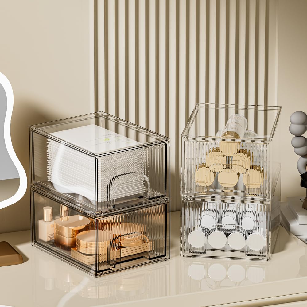 Zhiai Makeup Organizer Drawers, Stackable Stripes Bathroom Organizers And Storage For Bathroom, Vanity, And Kitchen Cabinets 4 P