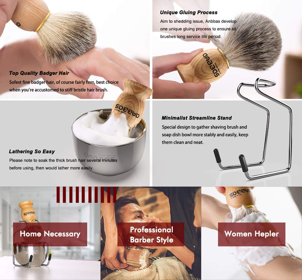 Shaving Set, 3In1 Pure Badger Hair Shaving Brush Natural Solid Wood Handle And Stainless Steel Shaving Stand With Shaving Bowl D