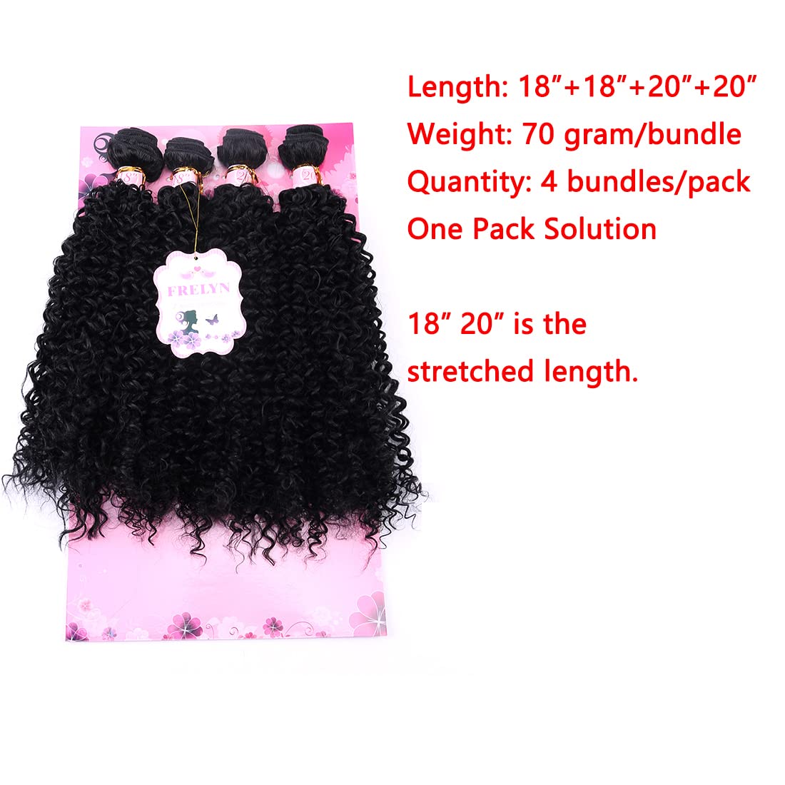 FRELYN Kinky Curly Synthetic Hair Weave Bundles 18-20 Inches 4 Pack Black Color