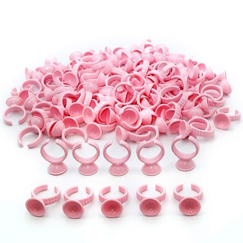 100Pcs Pink Disposable Plastic Nail Art Tattoo Glue Rings Holder Eyelash Extension Rings Adhesive Pigment Holders Finger Hand Be