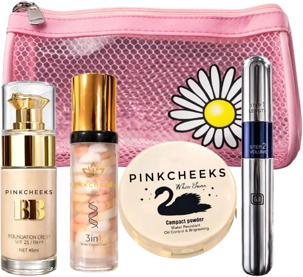 4In1 Face Makeup Combo Kit  Bb Cream, Isolation Primer, Mascara & Compact Powder With TravelFriendly Makeup Bag | Smooth Bas