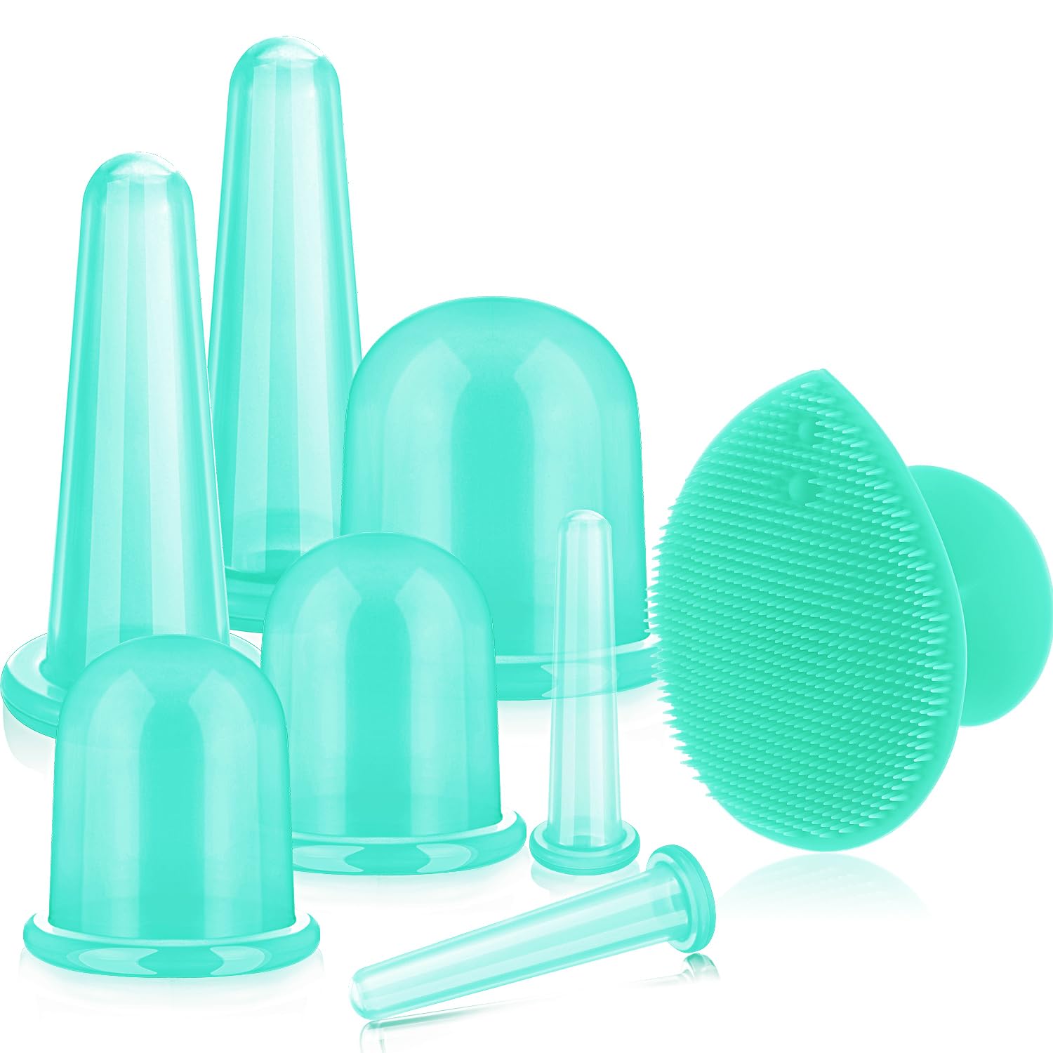 BBTO Silicone Facial Cupping Set, Vacuum Massage Cup Kit for Body, Face, Neck, Back, and Eye, 6 Cups and Exfoliating Brush (Mint