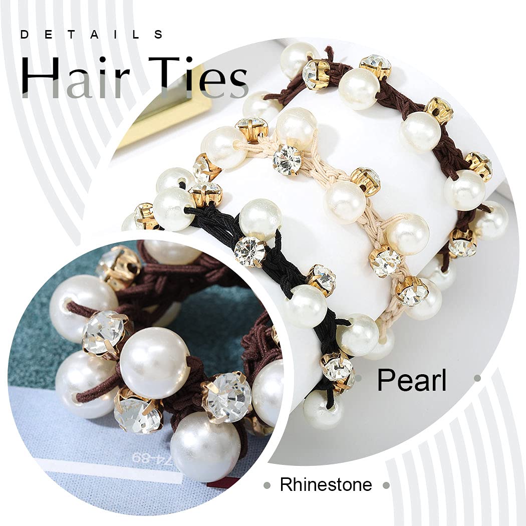 Brinie Hair Ties - Black Elastic Scrunchies with Pearl Details, 3 Count Pack for Women and Girls