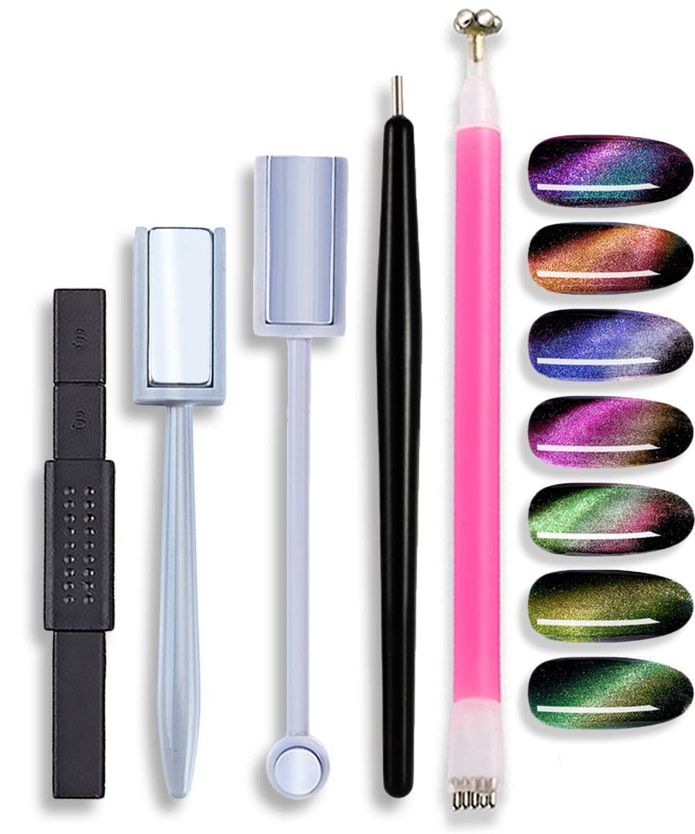 Silpecwee 5Pcs 3D Cat Eyes Nail Art Magnetic Pen Set Uv Gel Double Head Magnet Stick Manicure Tools For Diy&Salon