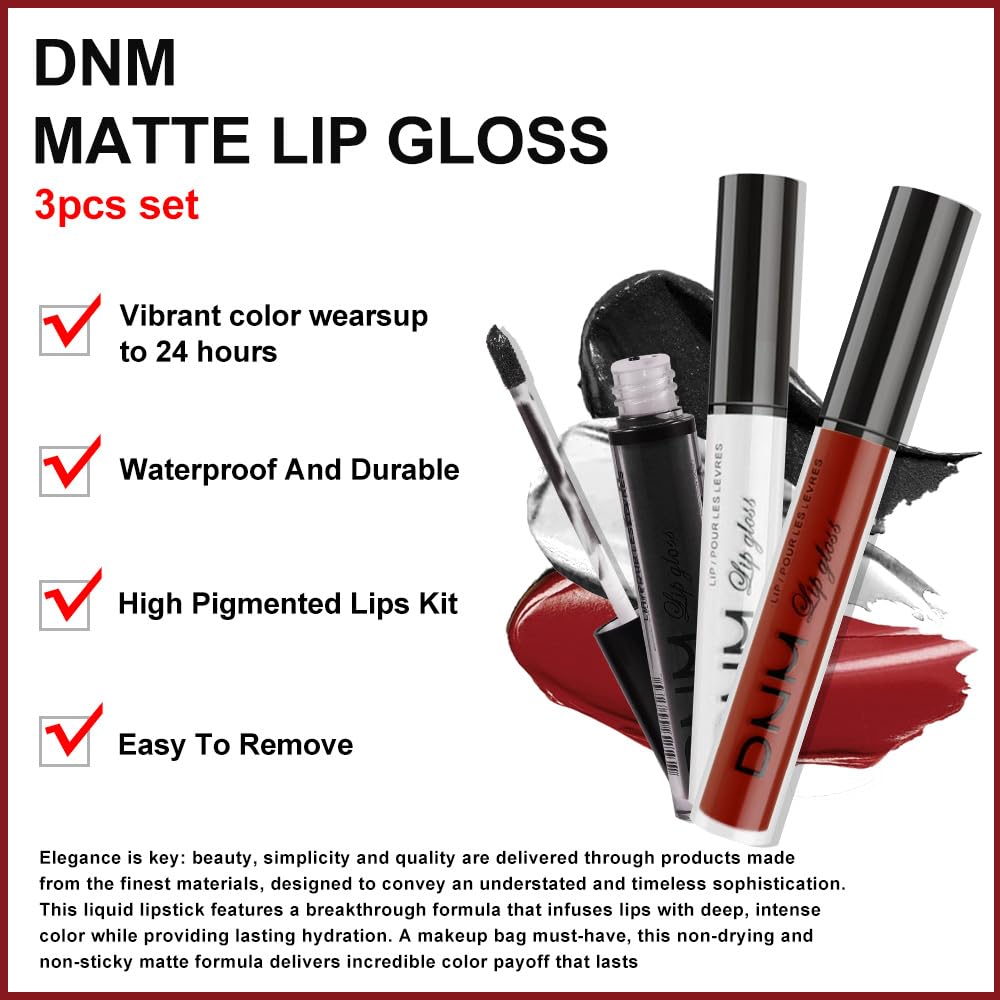 Amy'S Diary Dark Red White Black Matte Plum Liquid Lipstick 3Pcs Sets,24-Hour Lipstick Long Lasting Permanent L Magic Lipstick W