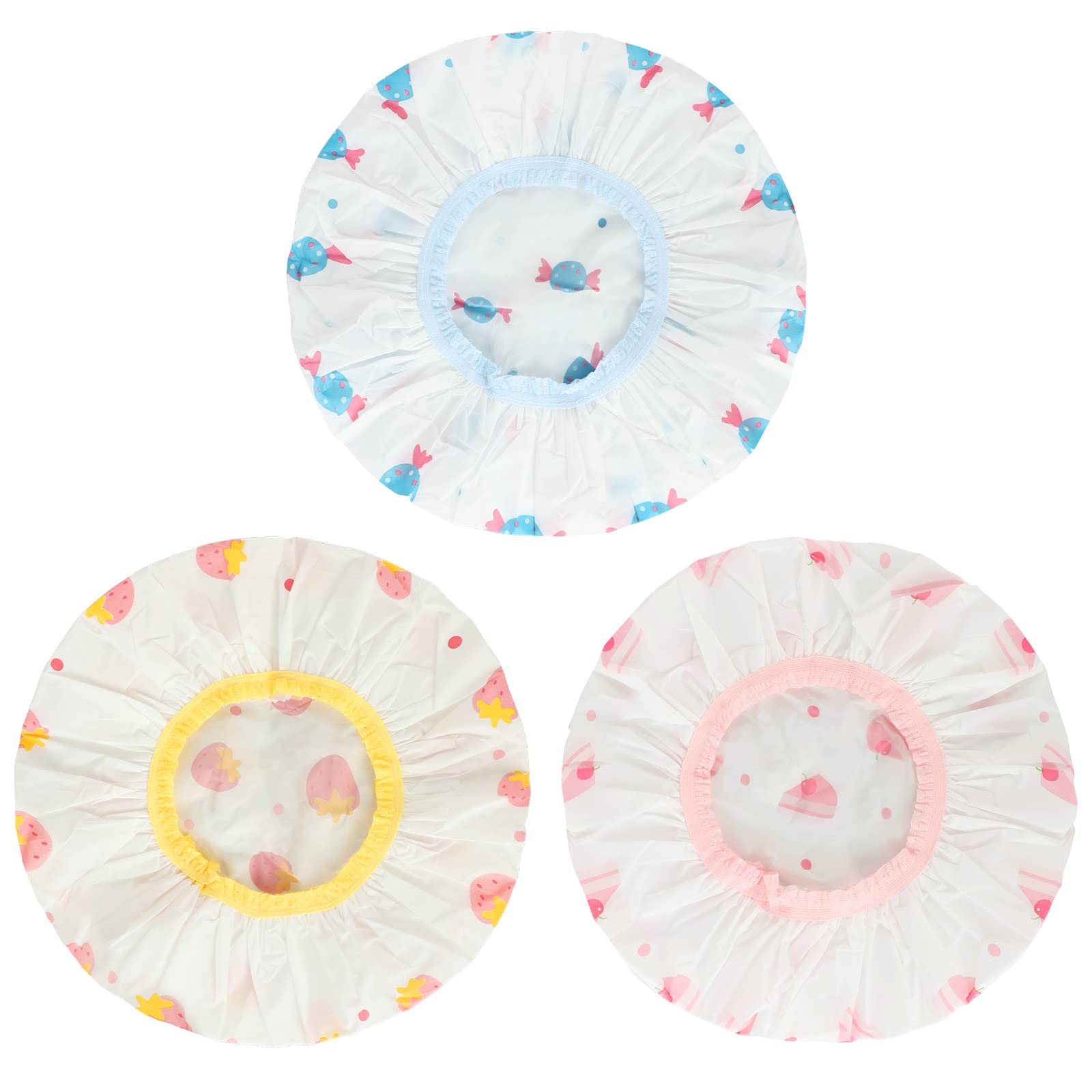 Waterproof Shower Caps, 3 Pcs Plastic Reusable Shower Caps Elastic Band Bath Caps For Women, Kids (Food)