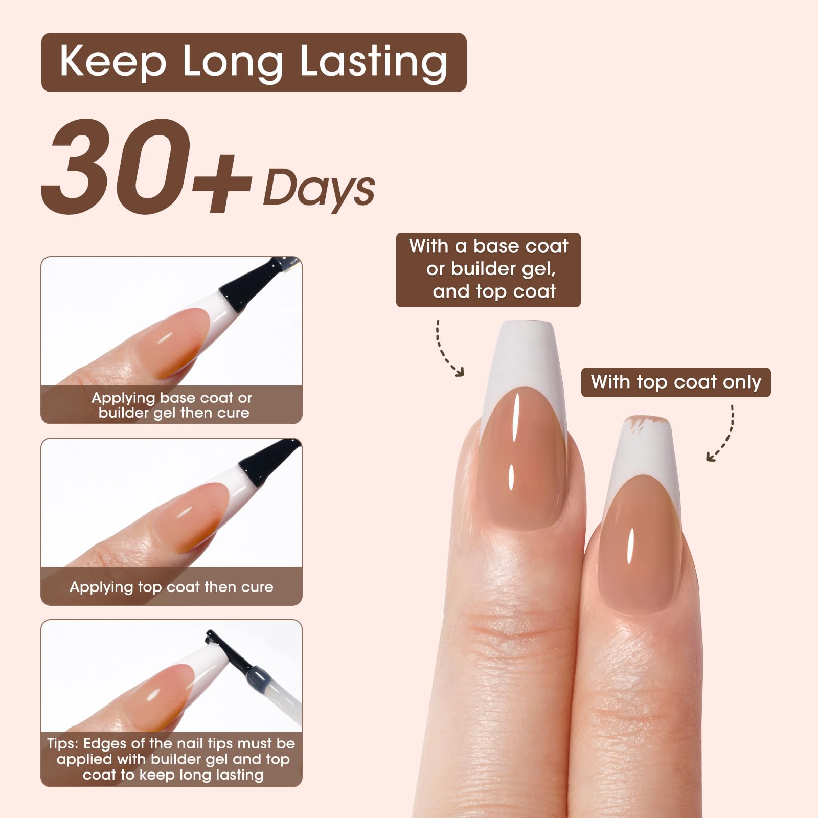 Gellen French Soft Gel Nail Tips - 150 Pcs White French Tip Short Press On Nails Brown Square Shape, 3 In 1 Pre-French Gel Nail