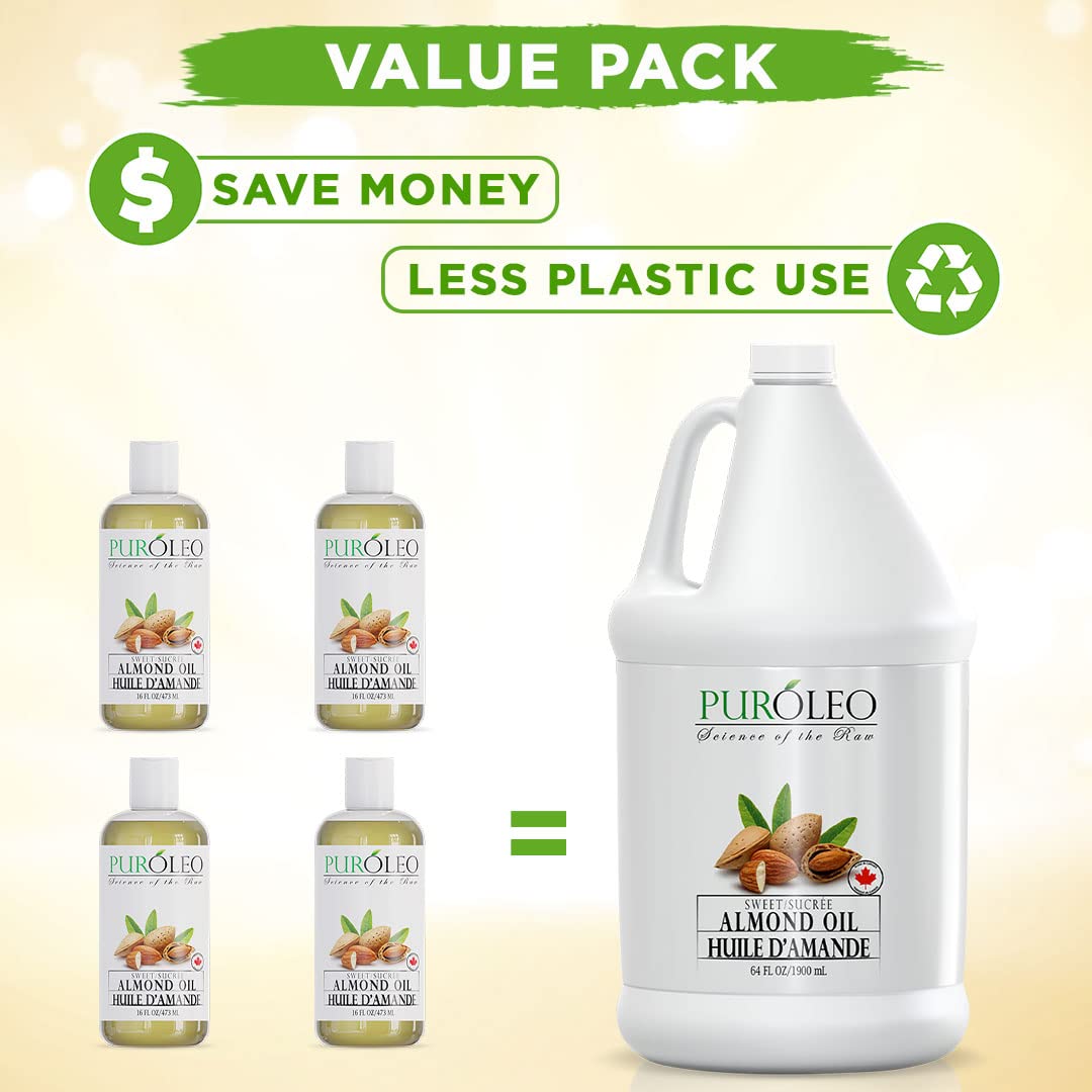 Puroleo Sweet Almond Oil 64 Fl Oz/1900 Ml 100% Natural And Pure | Moisturizer & Carrier Oil | Beauty & Diy Blends, Massage Oil,