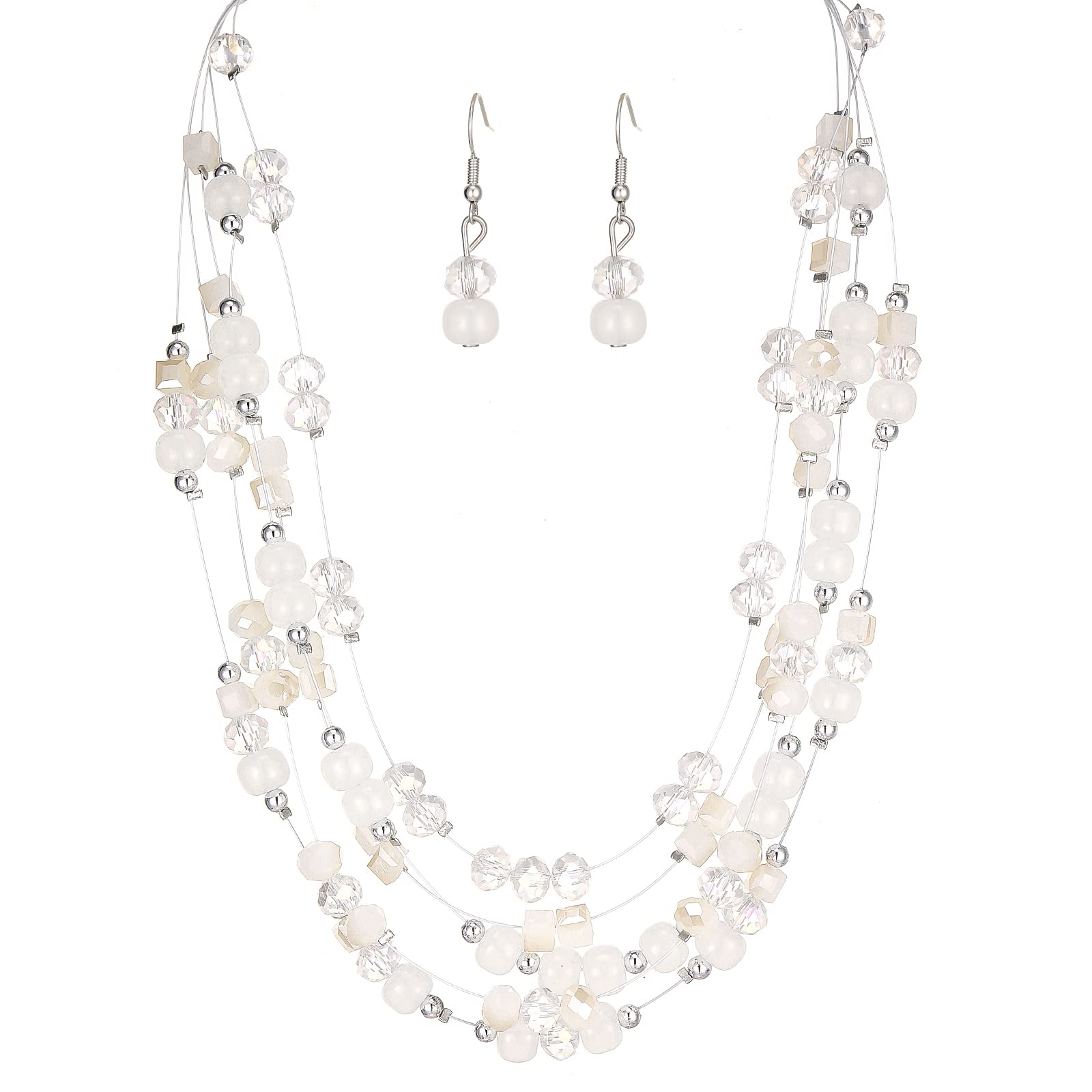 Layered Chunky Statement Necklace for Women Colorful Boho Beaded Necklaces and Earring Set Fashion Costume Jewelry for Women(Whi