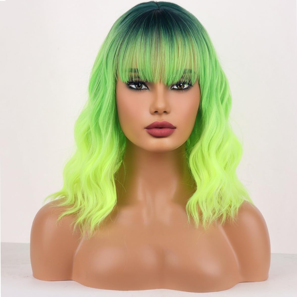 WTHCOS Neon Green Wig Short Curly Wig with Bangs Green Ombre Wig for Women Short Wave Wig Lime Green Wig Synthetic Wigs for Cosp