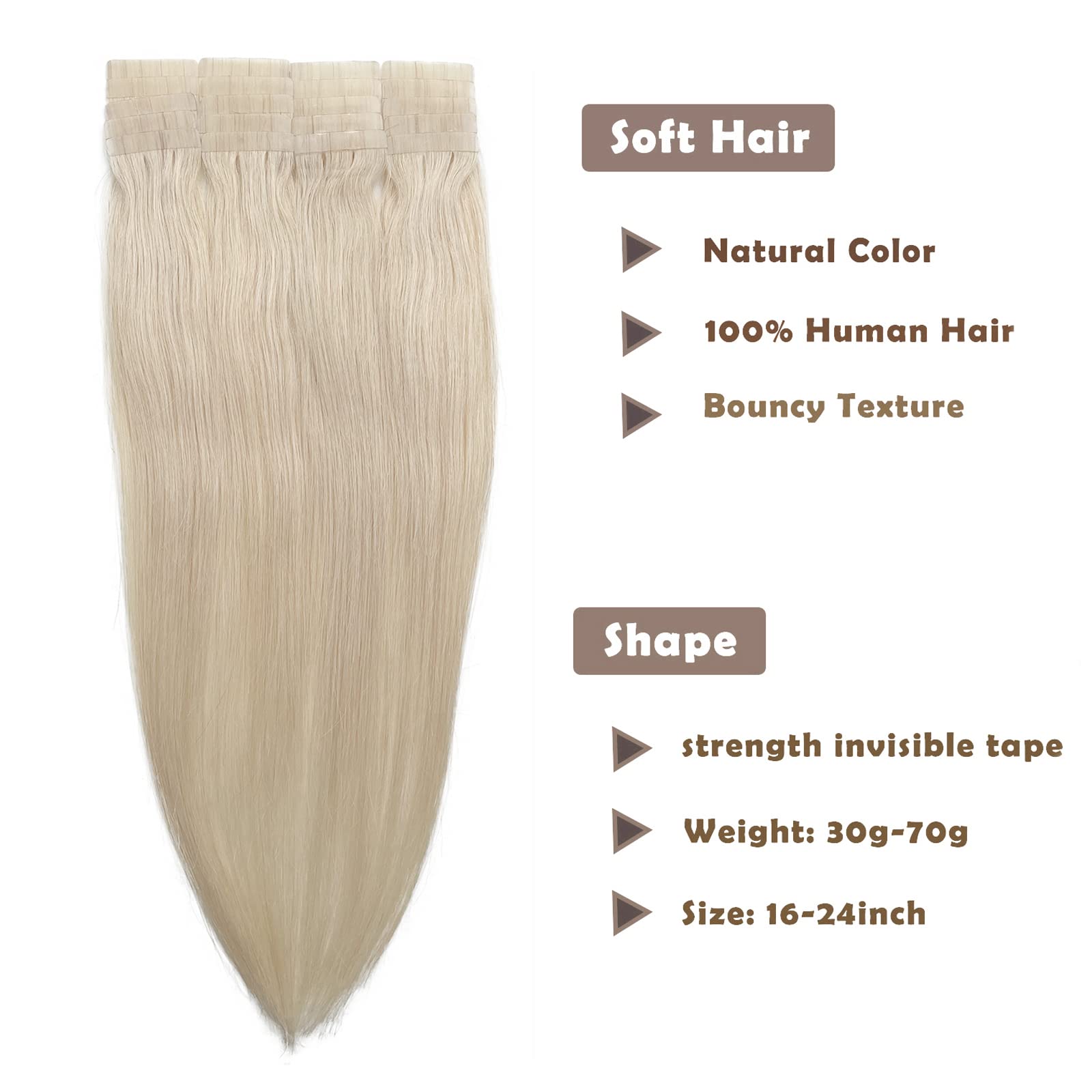20Pcs 70G Tape In Human Hair Extensions Platinum Blonde Silky Straight Real Hair Extensions Platinum Blonde Tape In Skin Weft 24