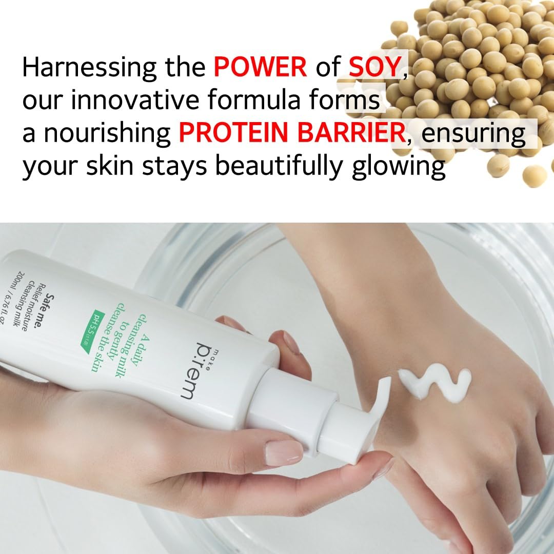 MAKEPREM Safe Me Relief Moisture Cleansing Milk 6.76 Fl Oz Sub-Acid pH 5.5 Mild Makeup Remover Gentle Milk Cleanser Dry Sensitiv