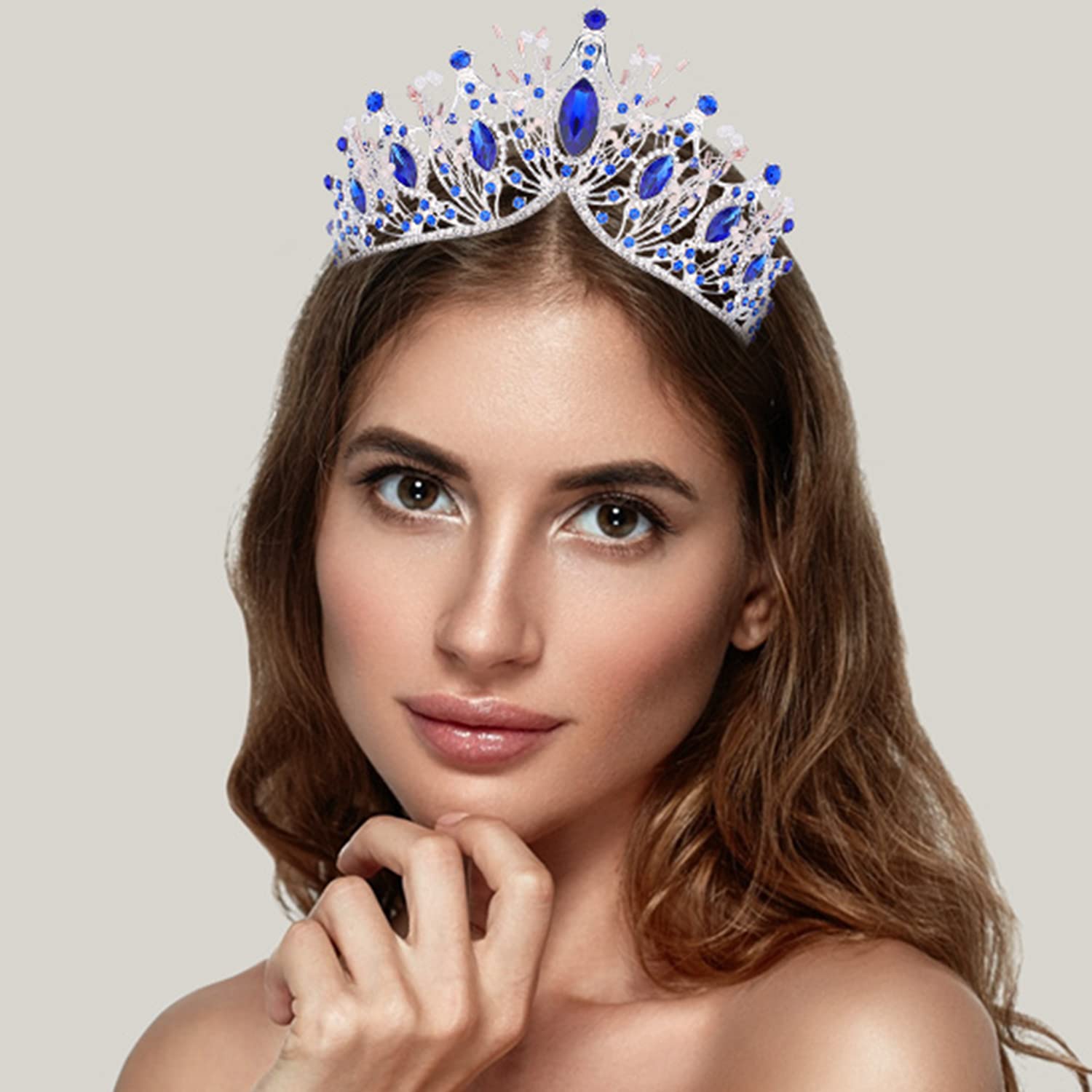 COCIDE Silver Tiara and Crown for Women Blue Gem Rhinestone Baroque Queen Headband for Girl Crystal Mermaid Princess Hair Access