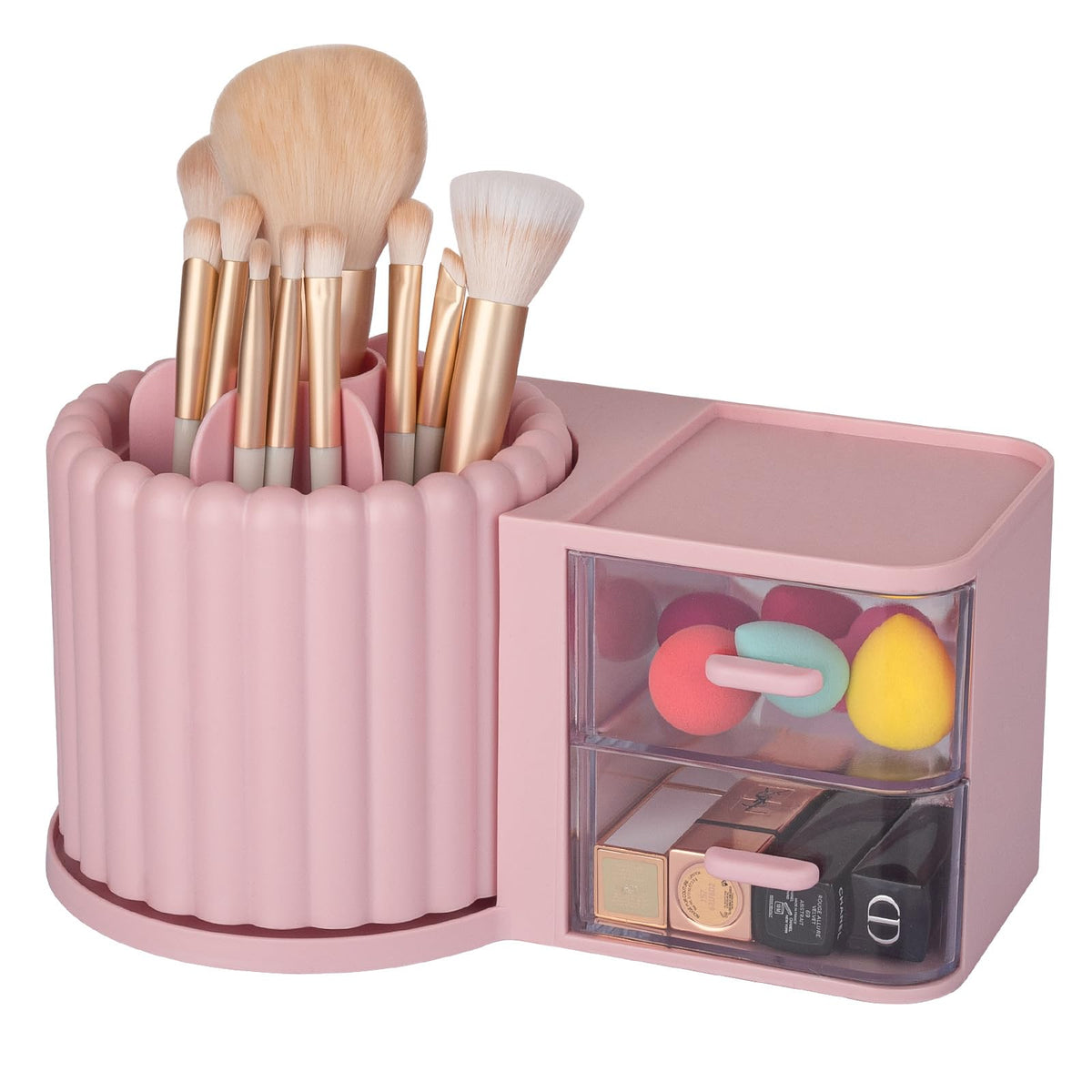 Anyoifax 360 Rotating Makeup Brush Holder 7 Slots Makeup Organizer with Drawer Removable Spinning Cosmetic Storage Pen Holder fo