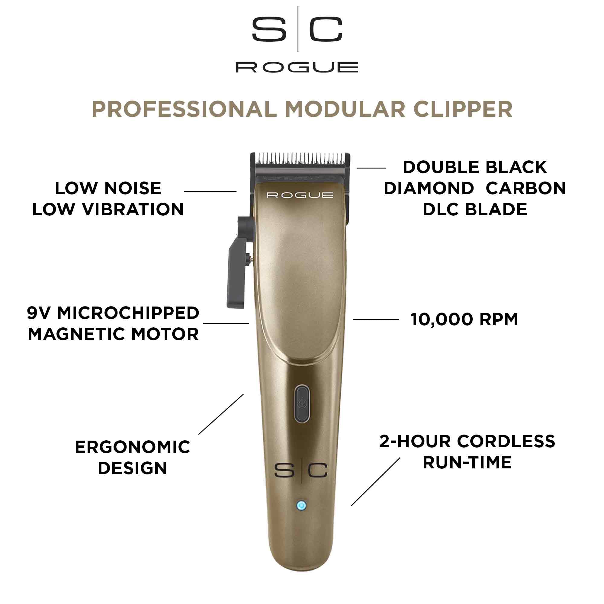 Stylecraft Rogue Professional 9V Microchipped Magnetic Motor Cordless Hair Clipper, 5 Guards, Matte Gunmetal