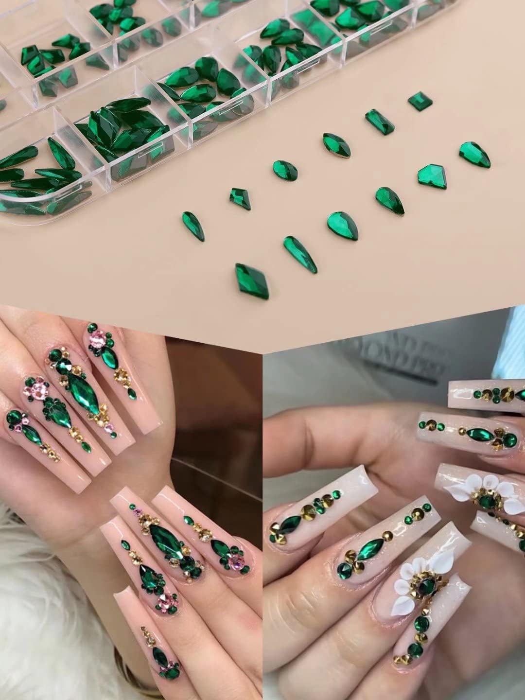 EBANKU 3120 Pcs Green Gems Nail Art Rhinestone Kit, Emerald Green Rhinestones Nail Art Crystal Flatback Diamond Jewels with Twee