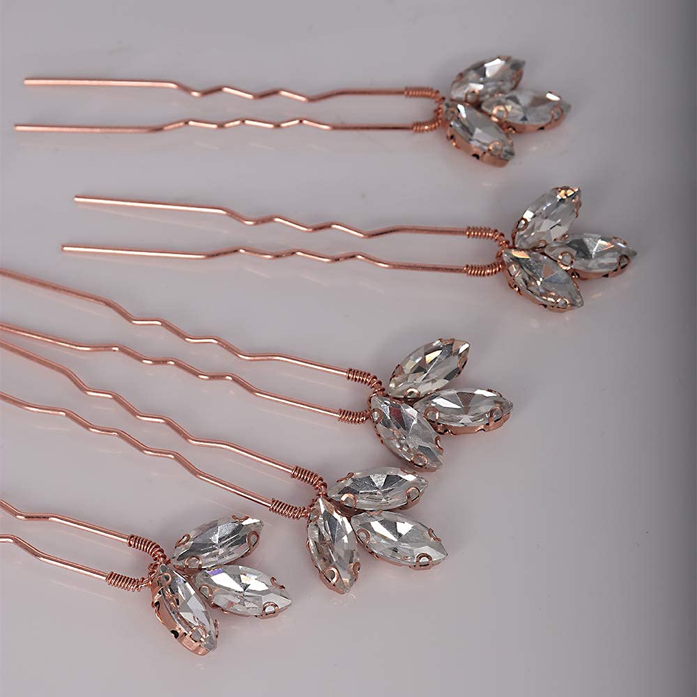 Yertter Wedding Hair Pins Set Of 5 Hair Pins Rhinestones Bridal Clip Accessories For Bride And Bridesmaids (Rose Gold)