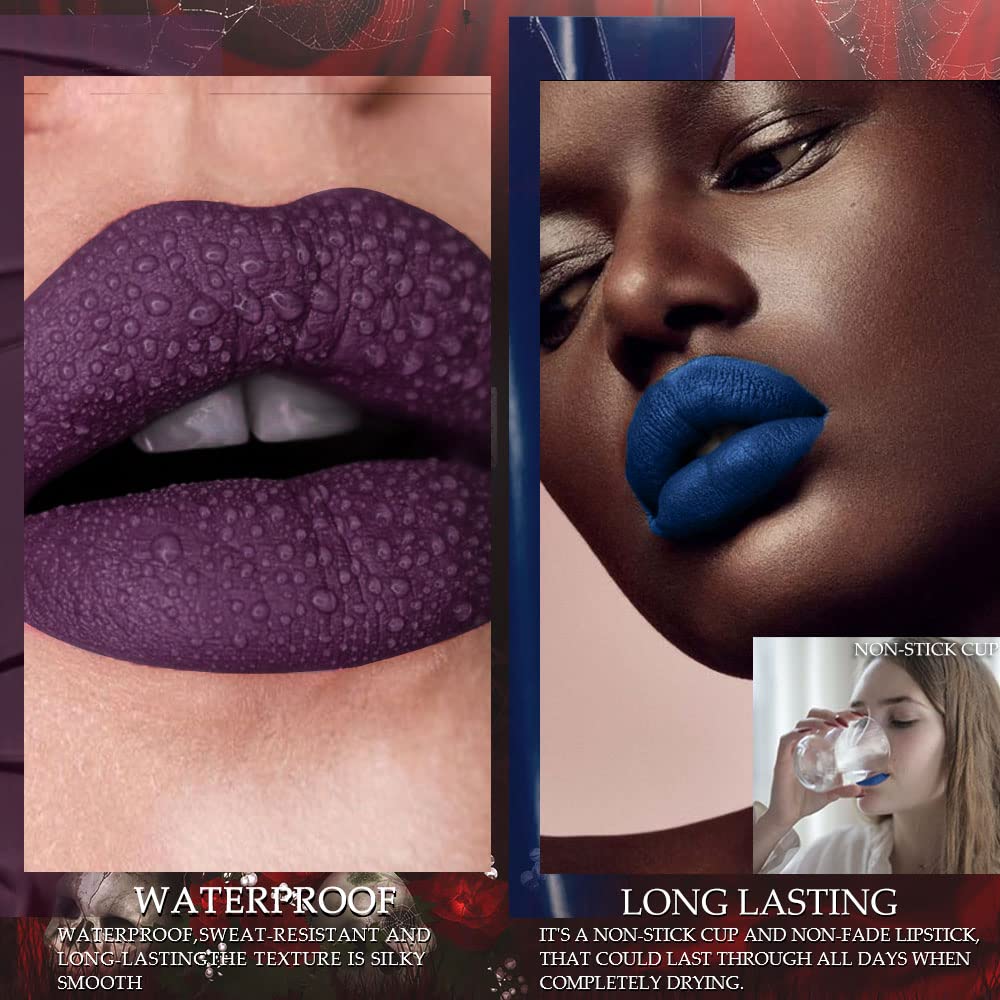Evpct 3Pcs Dark Blue Black Purple Matte Liquid Lipsticks Matte Lip Gloss Stain Makeup Sets Smudge Proof, Skull Face 24 Hour Long